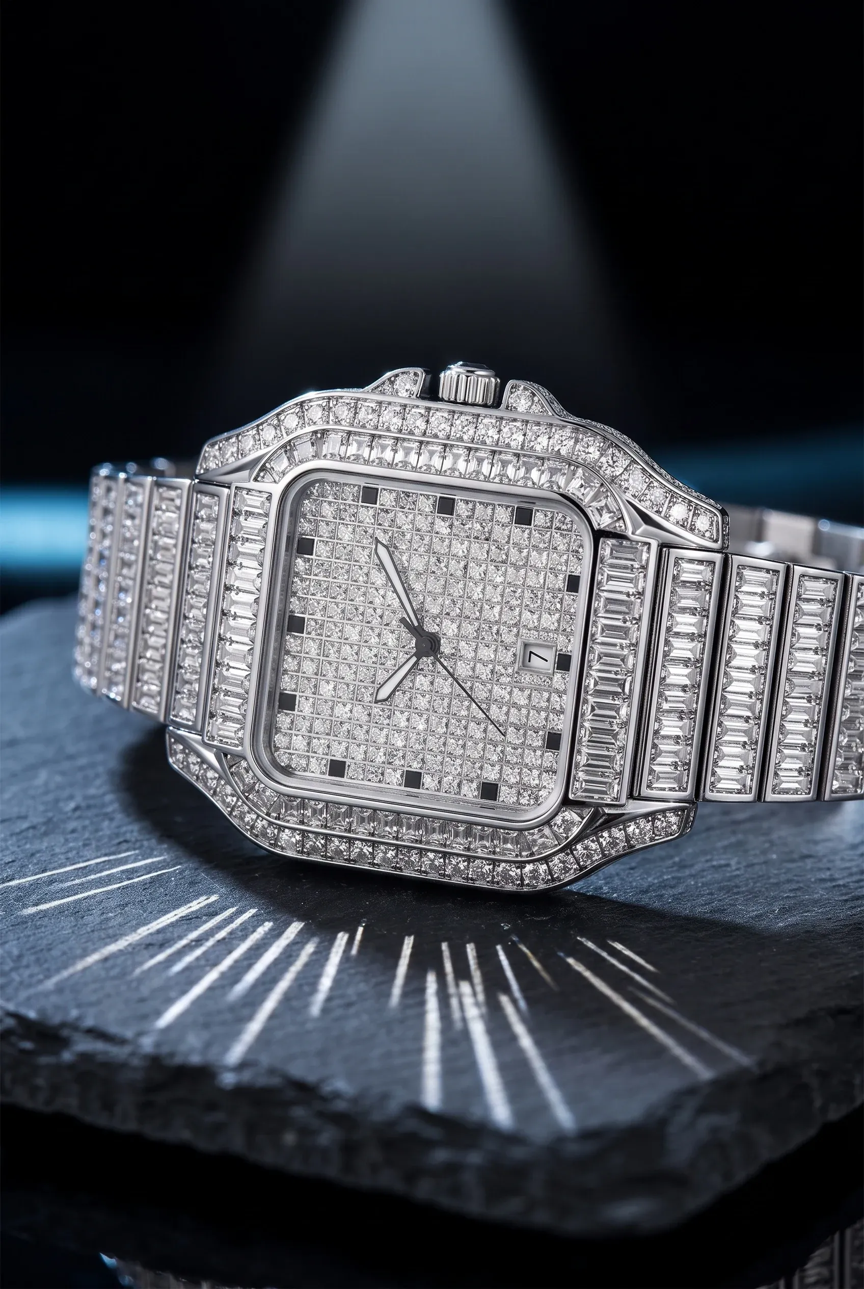 Baguette and pavé set square watch on dark slate under a single spotlight, stones throwing linear reflections