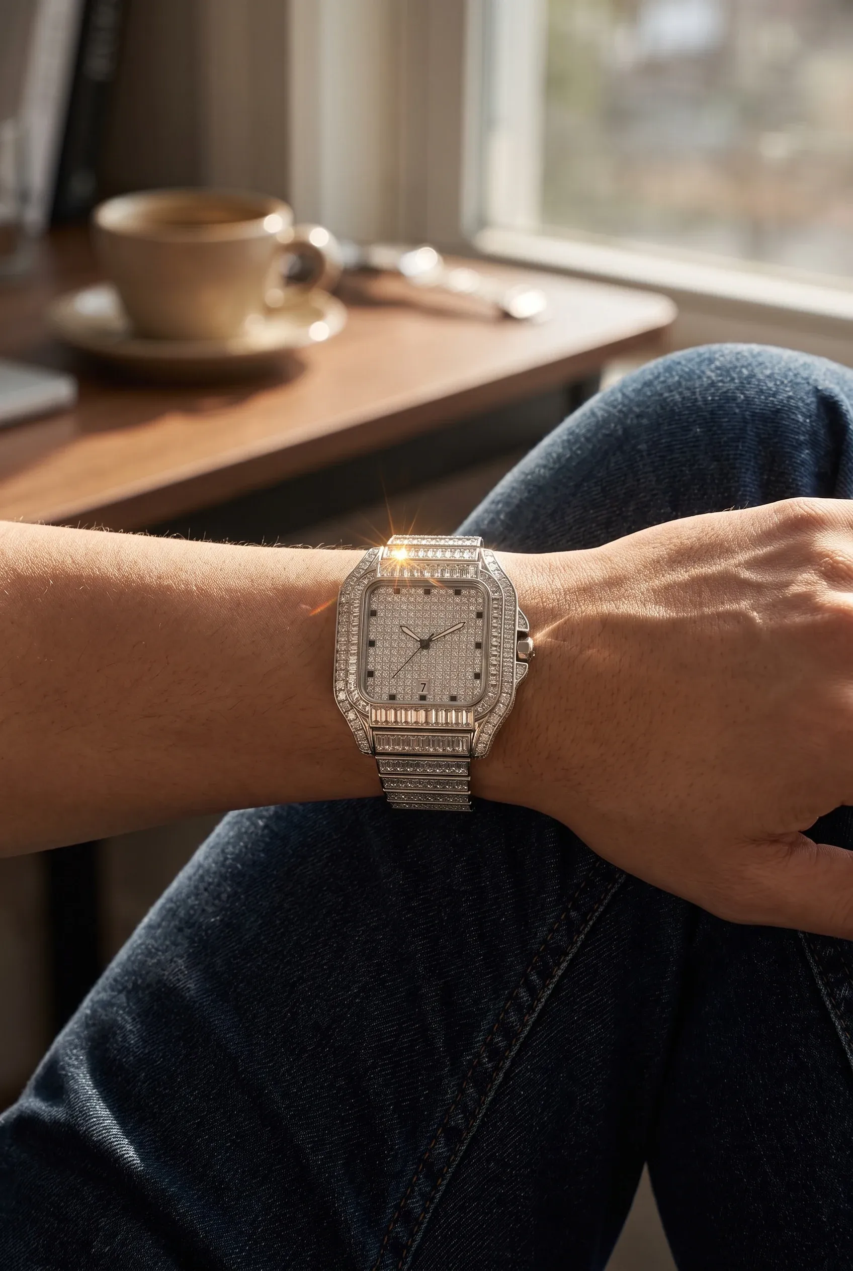 Fully set baguette bracelet watch worn on a wrist resting on dark denim, afternoon light catching the stones