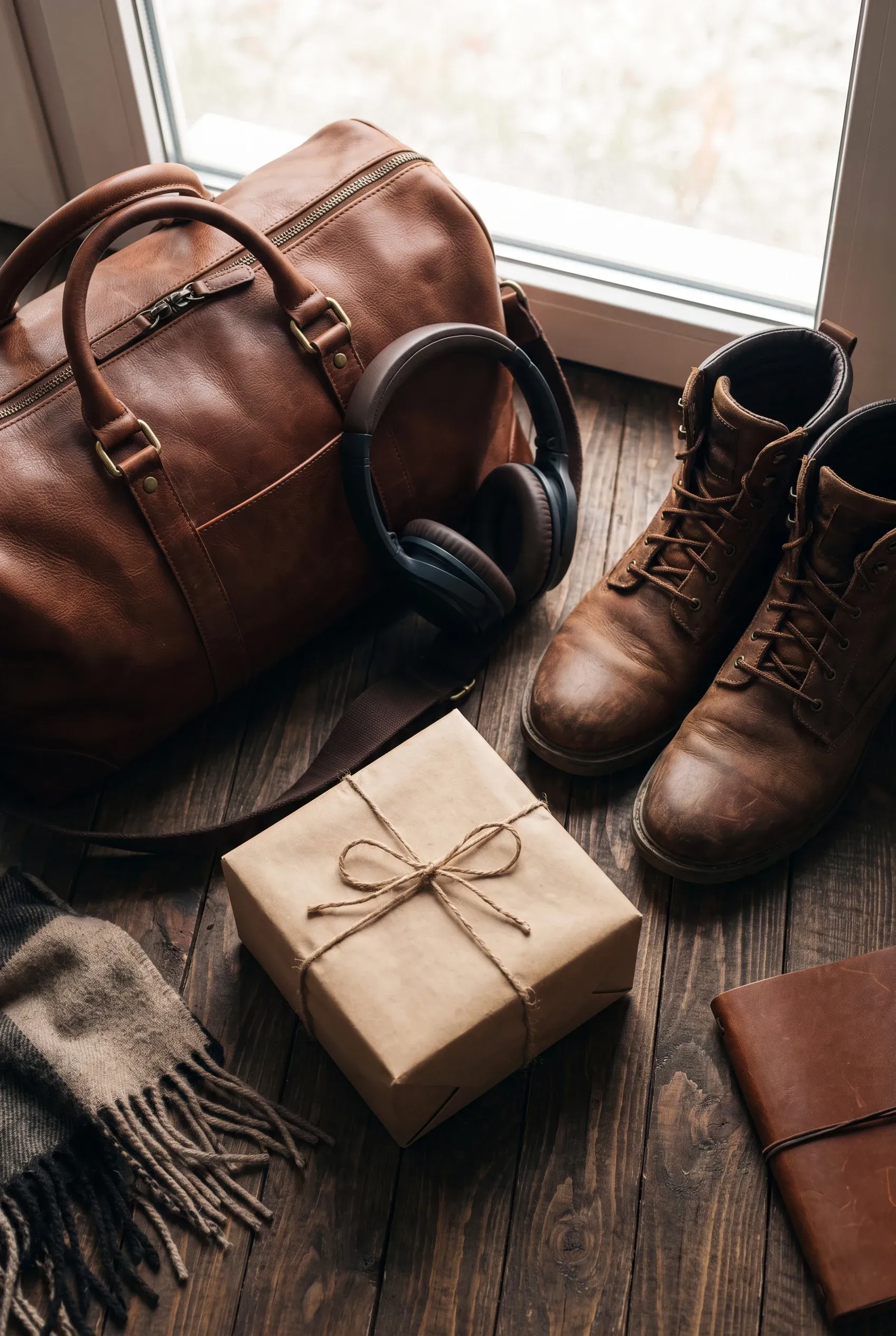 Leather weekender, headphones, boots, and wrapped gift arranged on dark wood in soft winter light.
