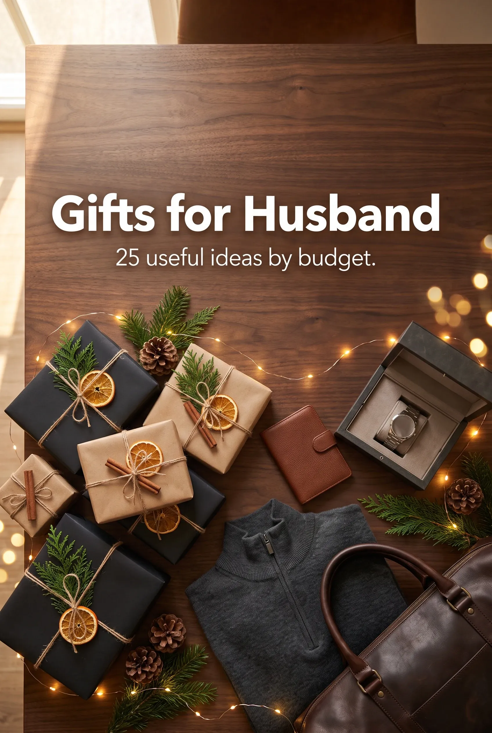 Holiday flat lay with wrapped gifts and the headline Gifts for Husband above men's accessories and a watch box.