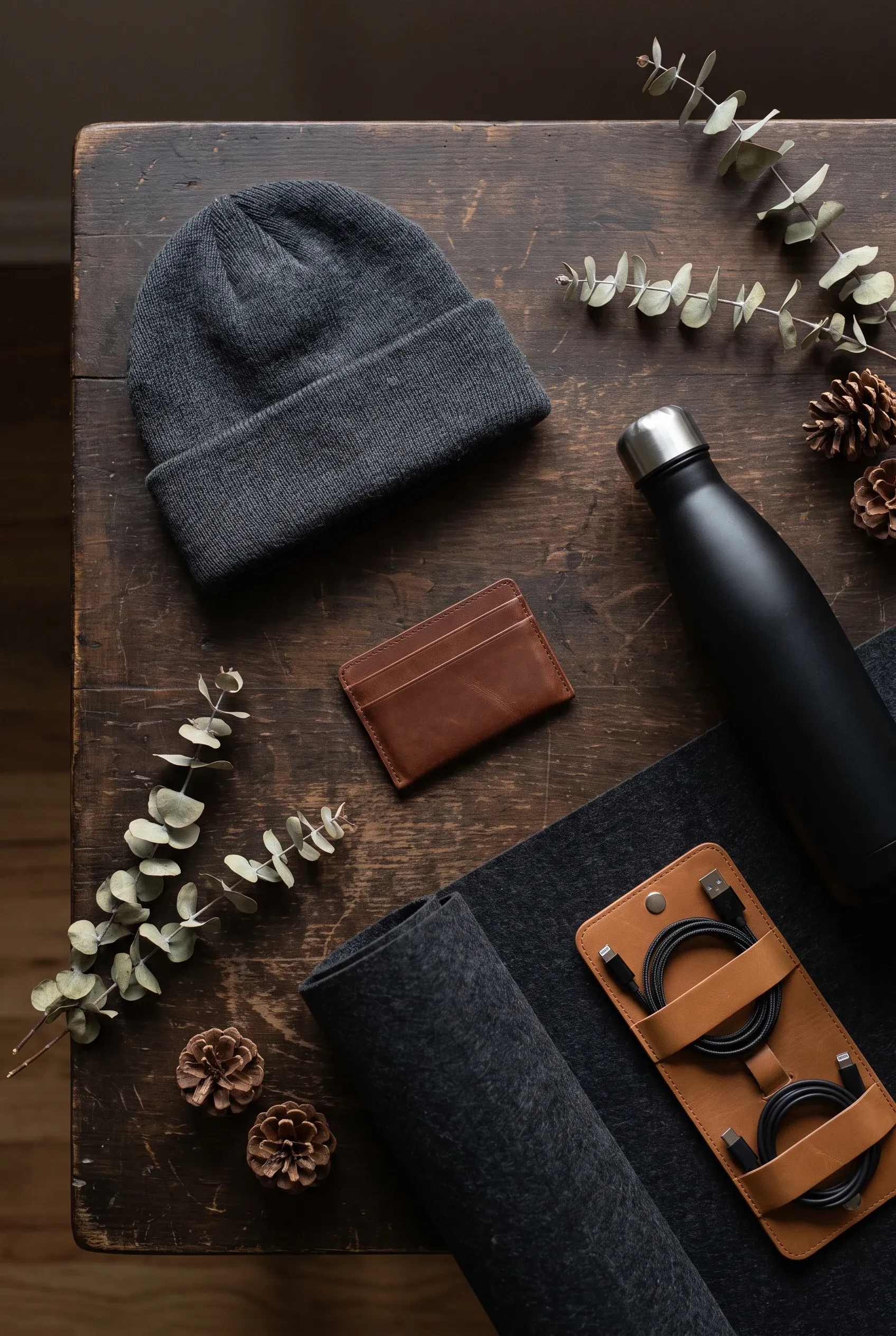 Beanie, card holder, bottle, and desk accessories arranged as practical low-budget men's gifts
