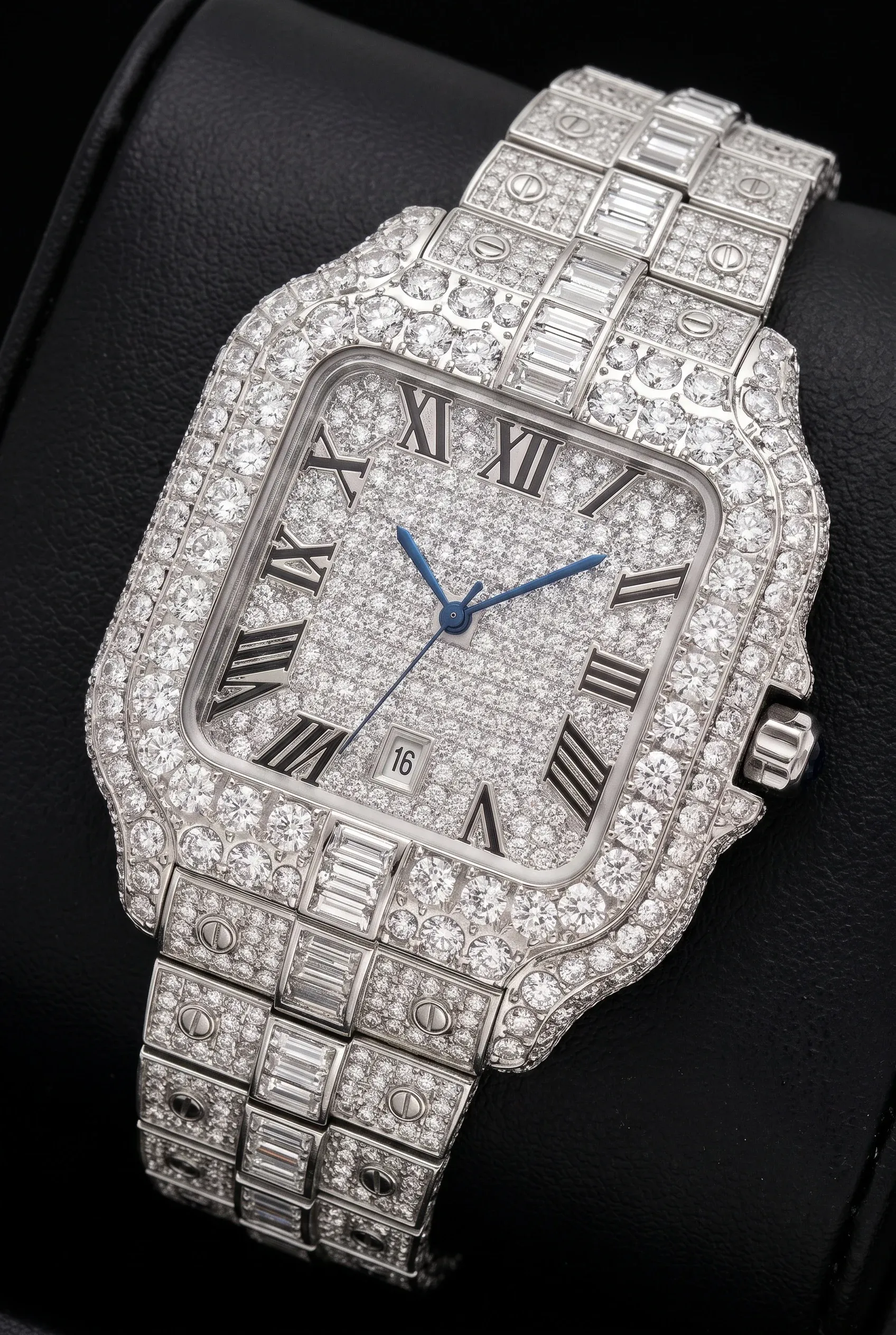 Close-up of a silver-toned stone-set men's watch styled as a bold fashion gift