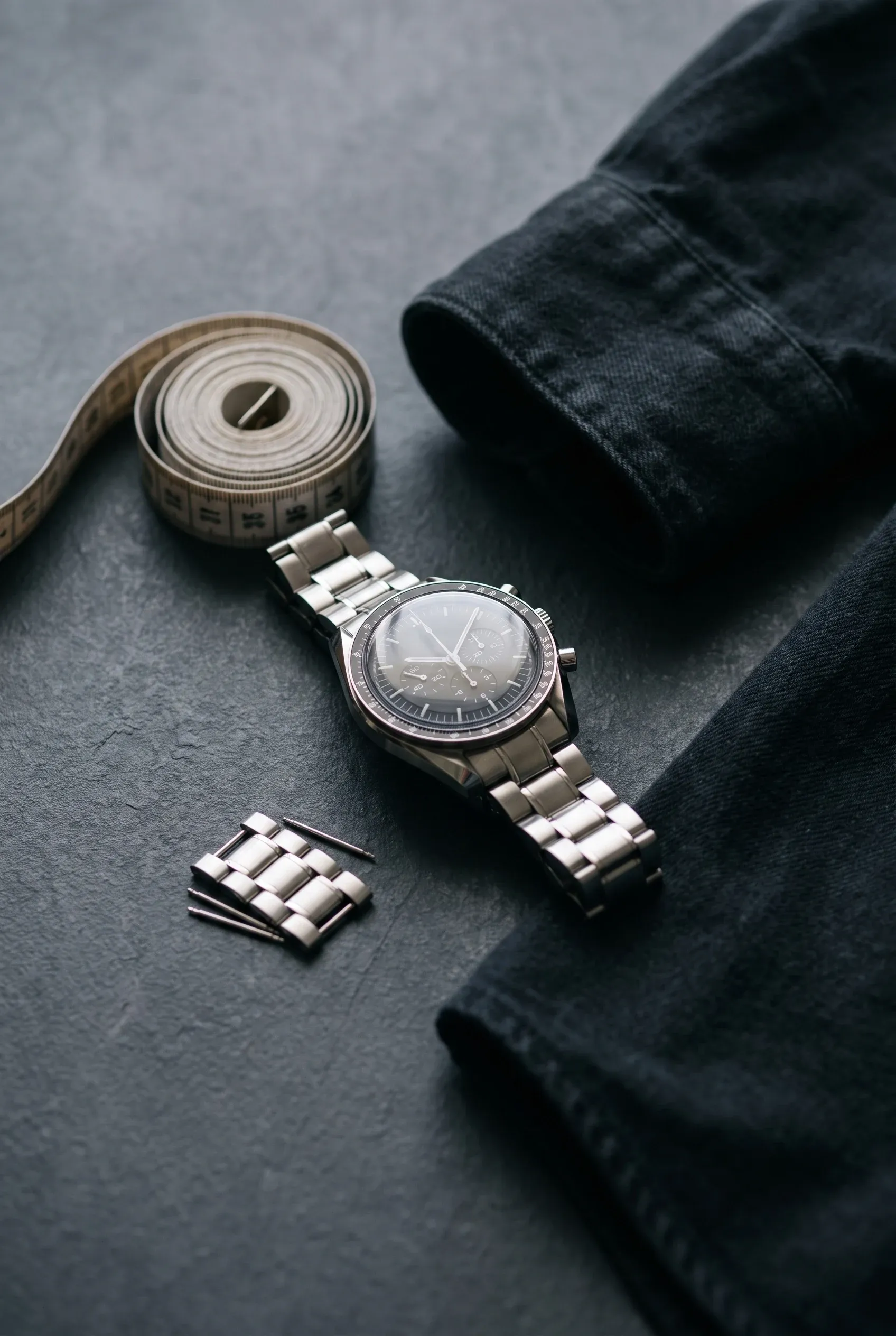 Men's watch with measuring tape and spare links illustrating fit and sizing considerations