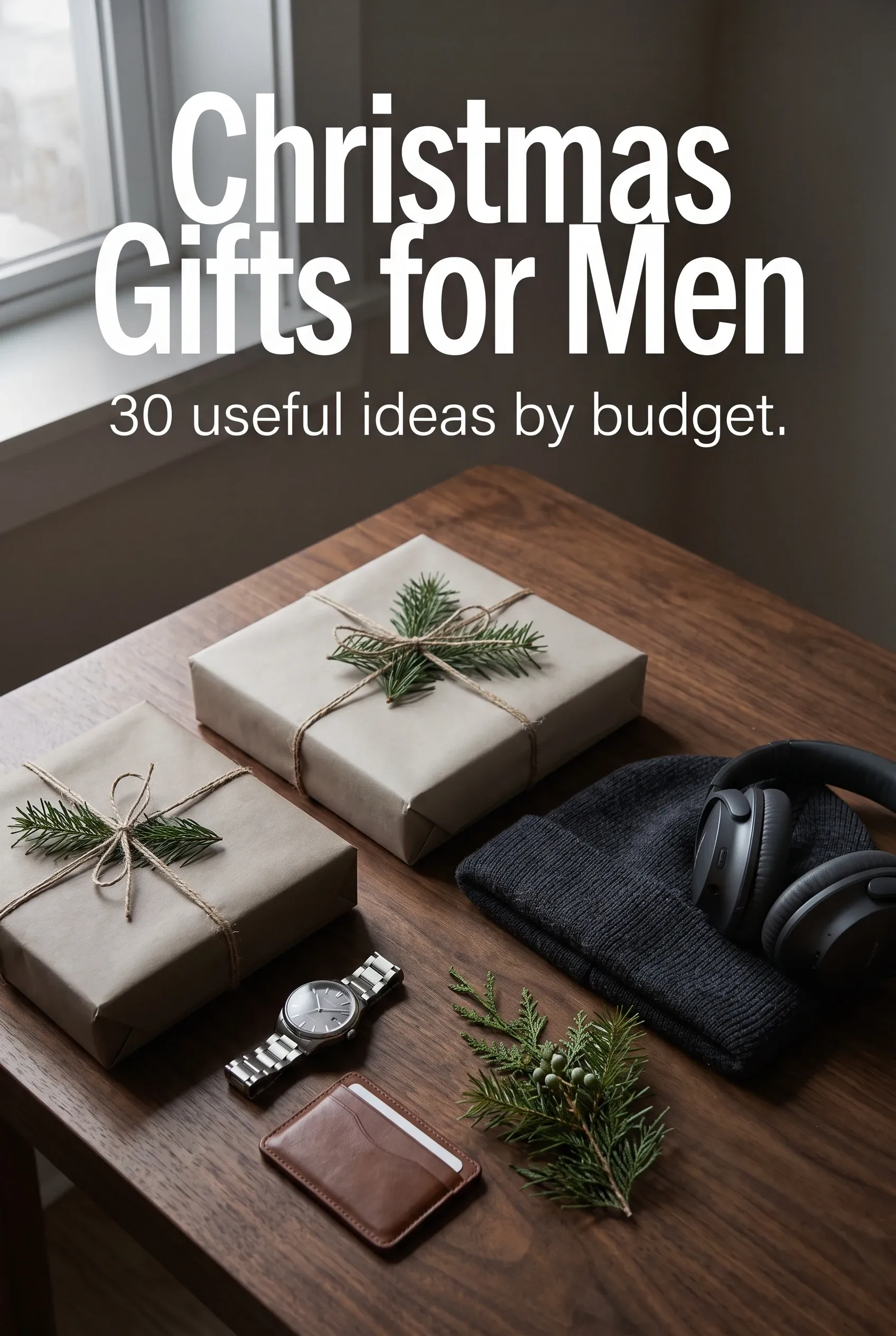 Wrapped holiday gifts, watch, and leather accessories under the headline Christmas Gifts for Men