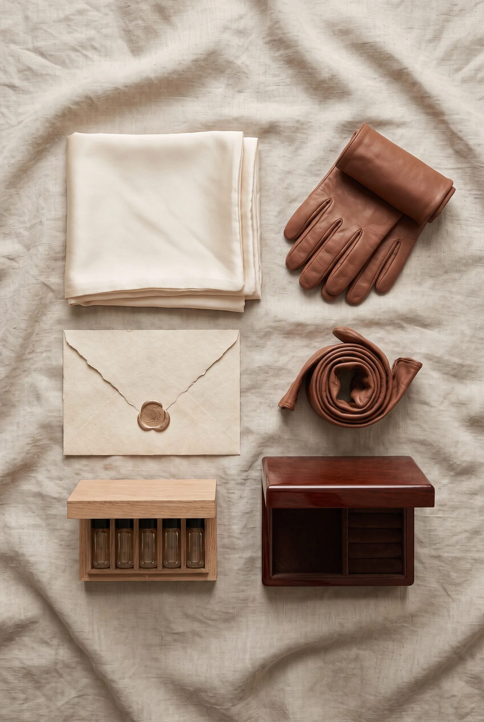 Silk pillowcases, leather gloves, perfume minis, and a jewelry box arranged on a pale linen surface