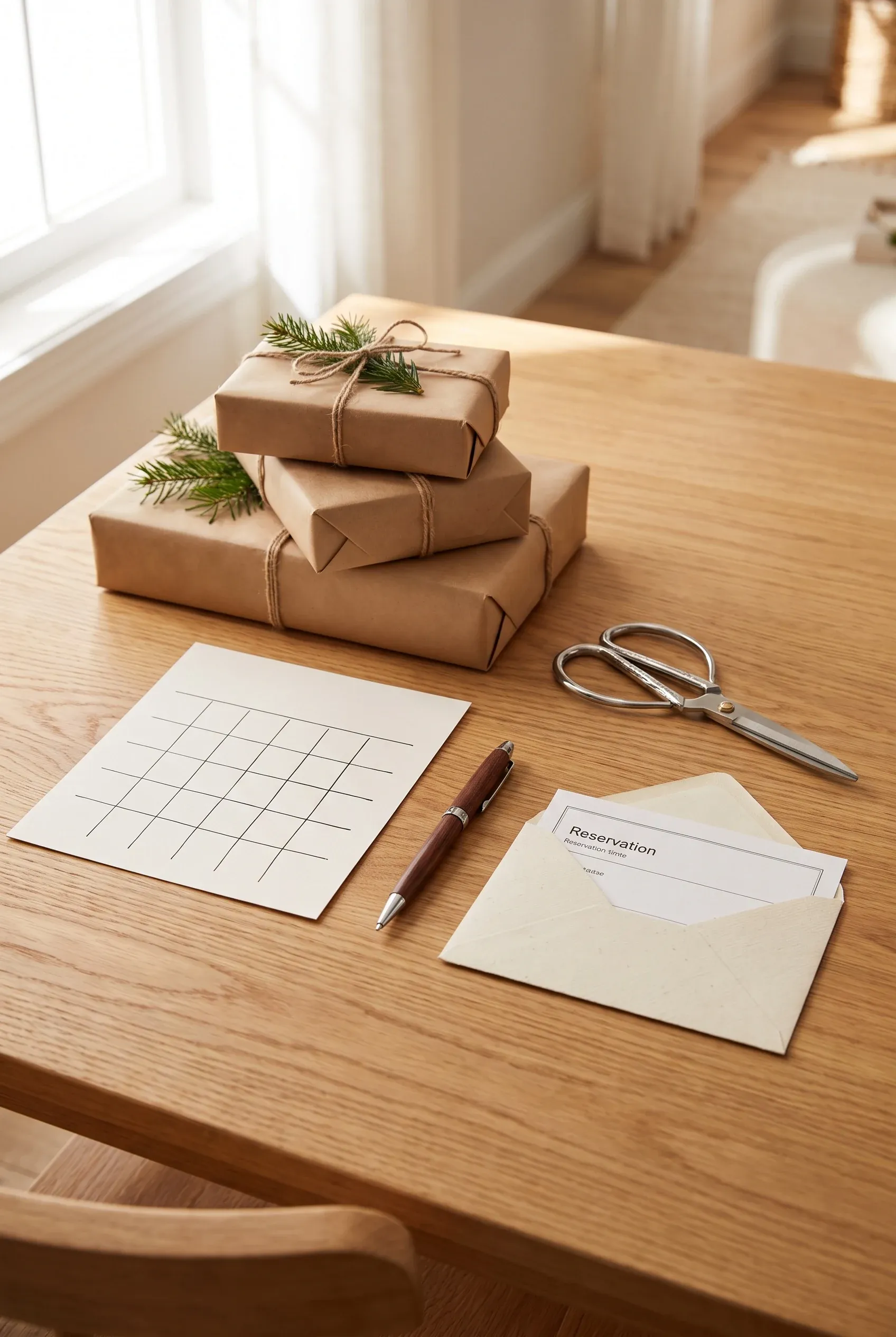 Wrapped gifts, ribbon, envelope, and calendar styled as a neat Christmas shipping and planning setup