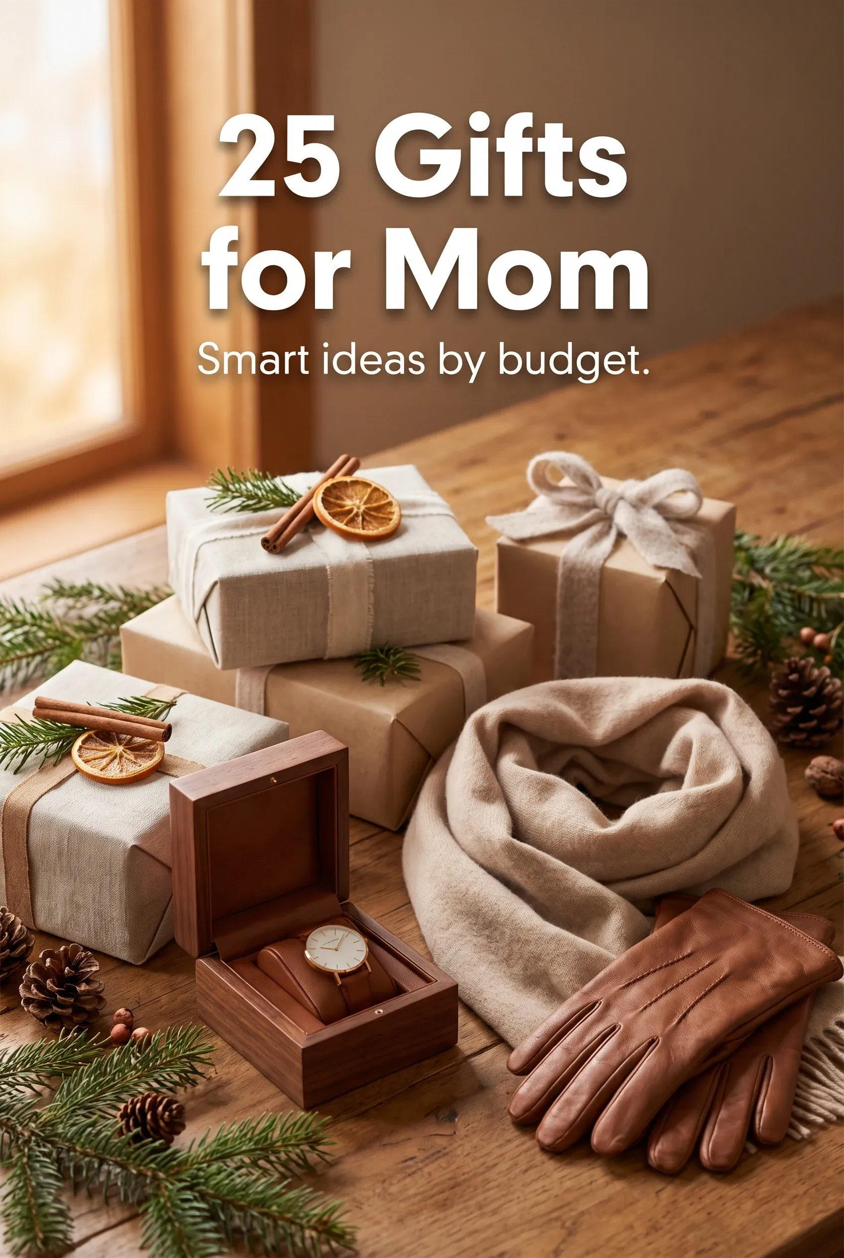 Christmas flat lay with wrapped gifts and the headline 25 Gifts for Mom in open top space