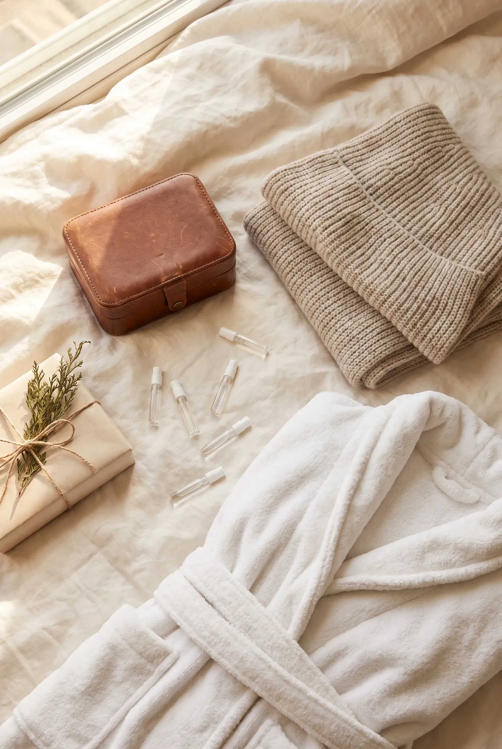 Jewelry case, robe, scarf, and perfume samples arranged as mid-range holiday gift ideas on linen.