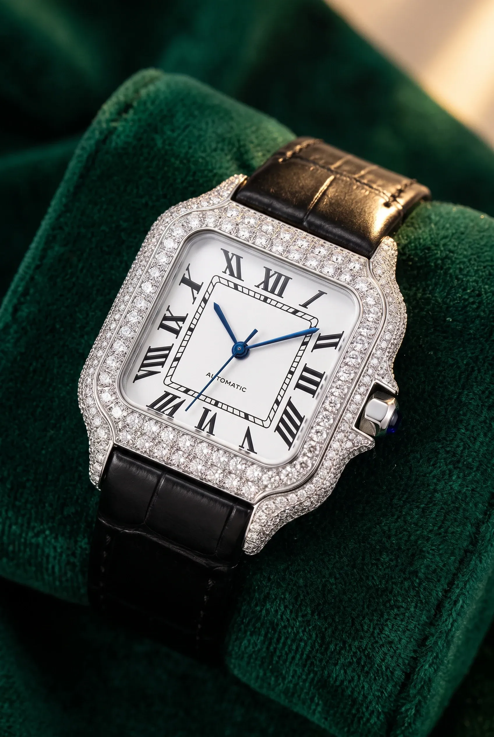 Square women’s moissanite watch with mother-of-pearl dial resting on dark velvet in soft holiday light.