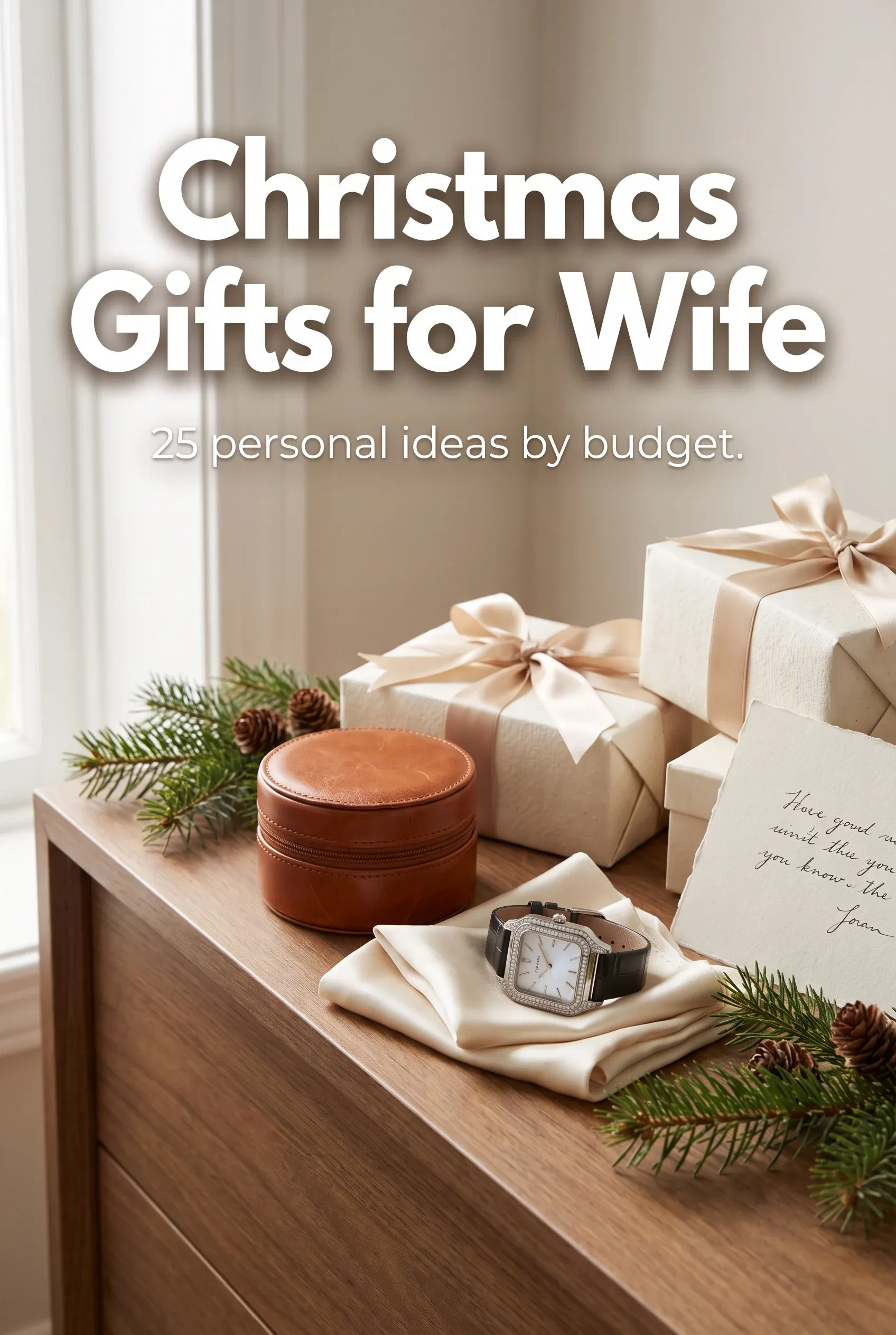 Holiday dresser flat-lay with wrapped gifts and the headline Christmas Gifts for Wife above jewelry and ribbon.