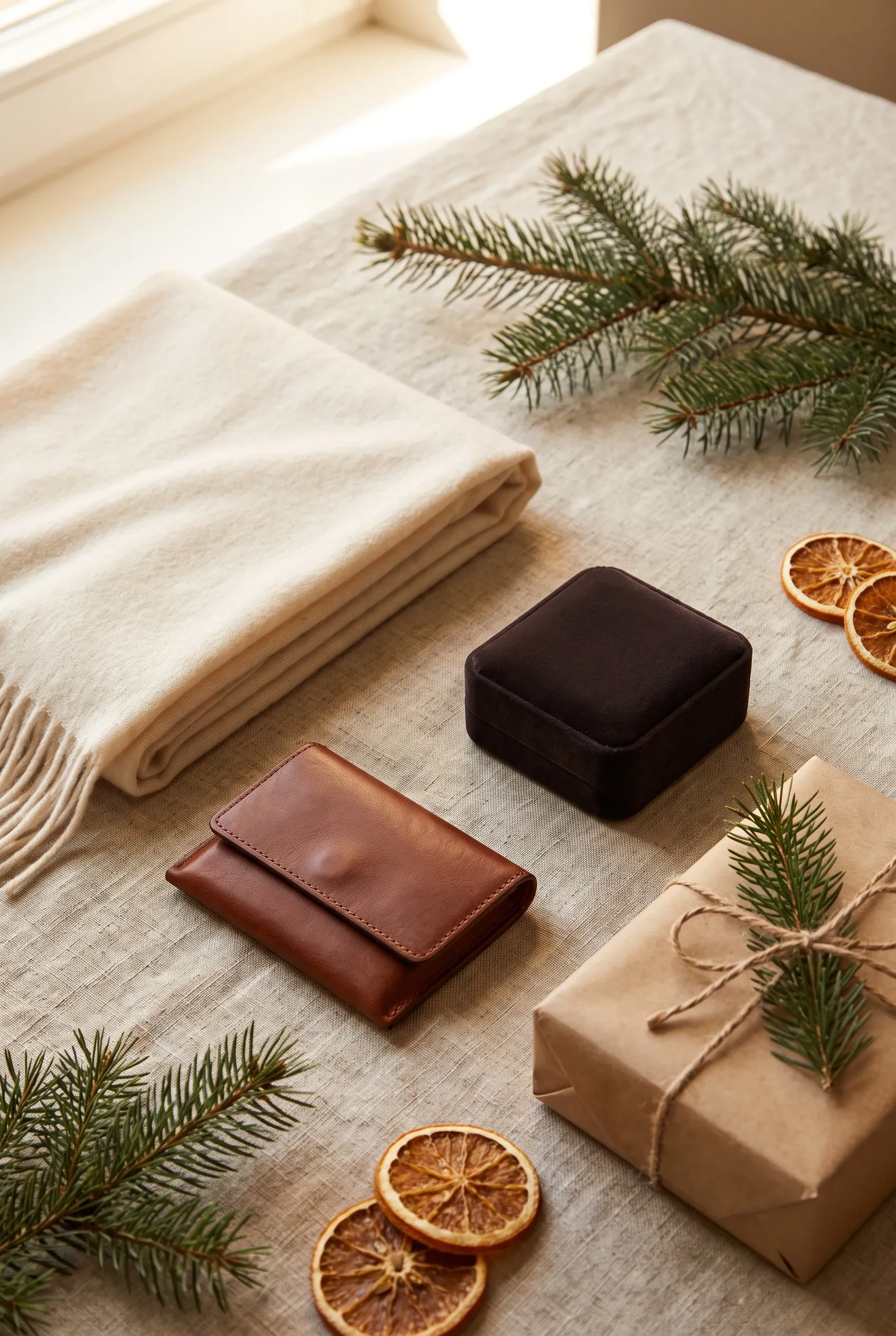 Holiday flat lay with scarf, leather card case, jewelry box, and wrapped gift on linen.