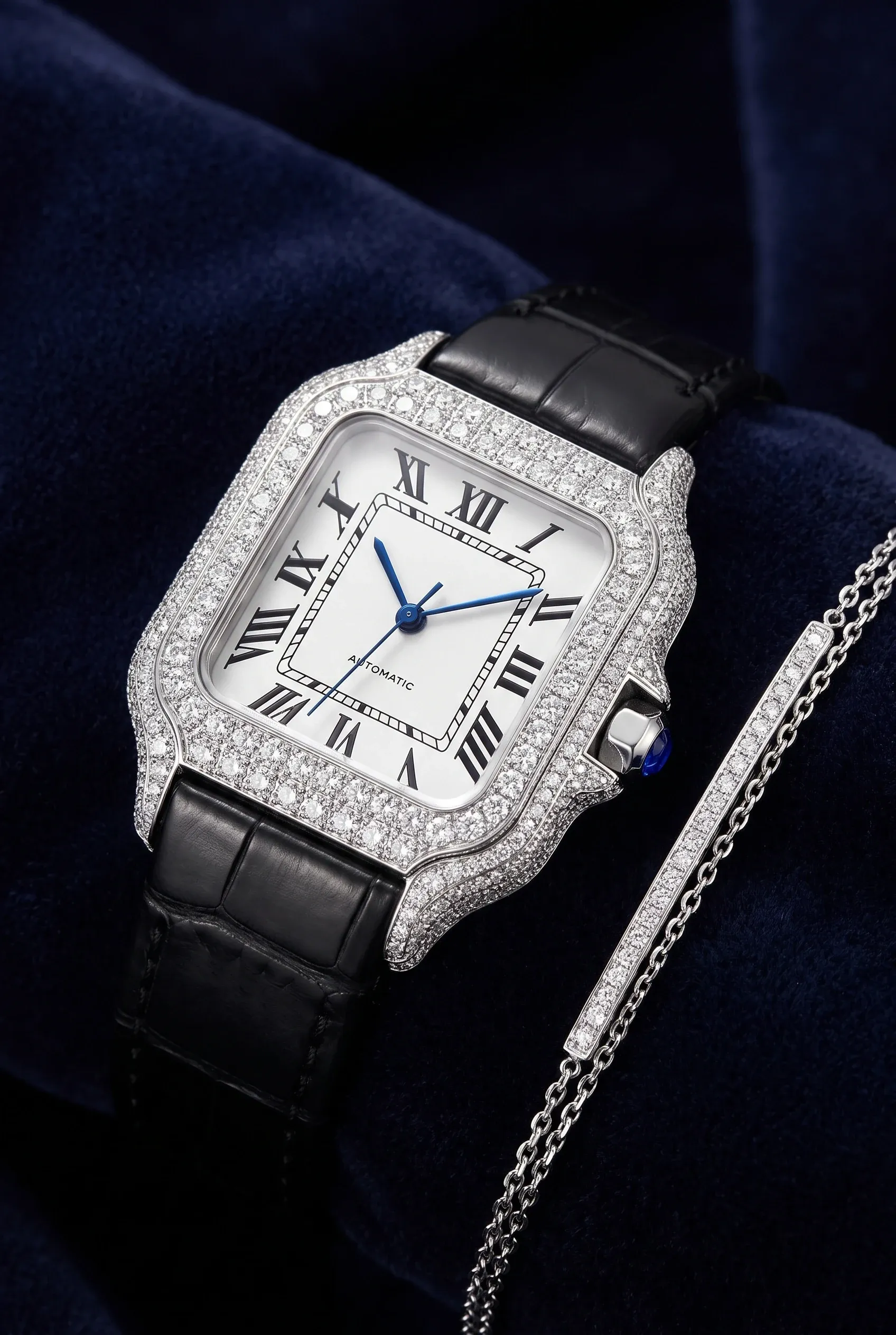 Square women's stone-set watch on velvet beside a bracelet, styled as a dressy holiday gift.