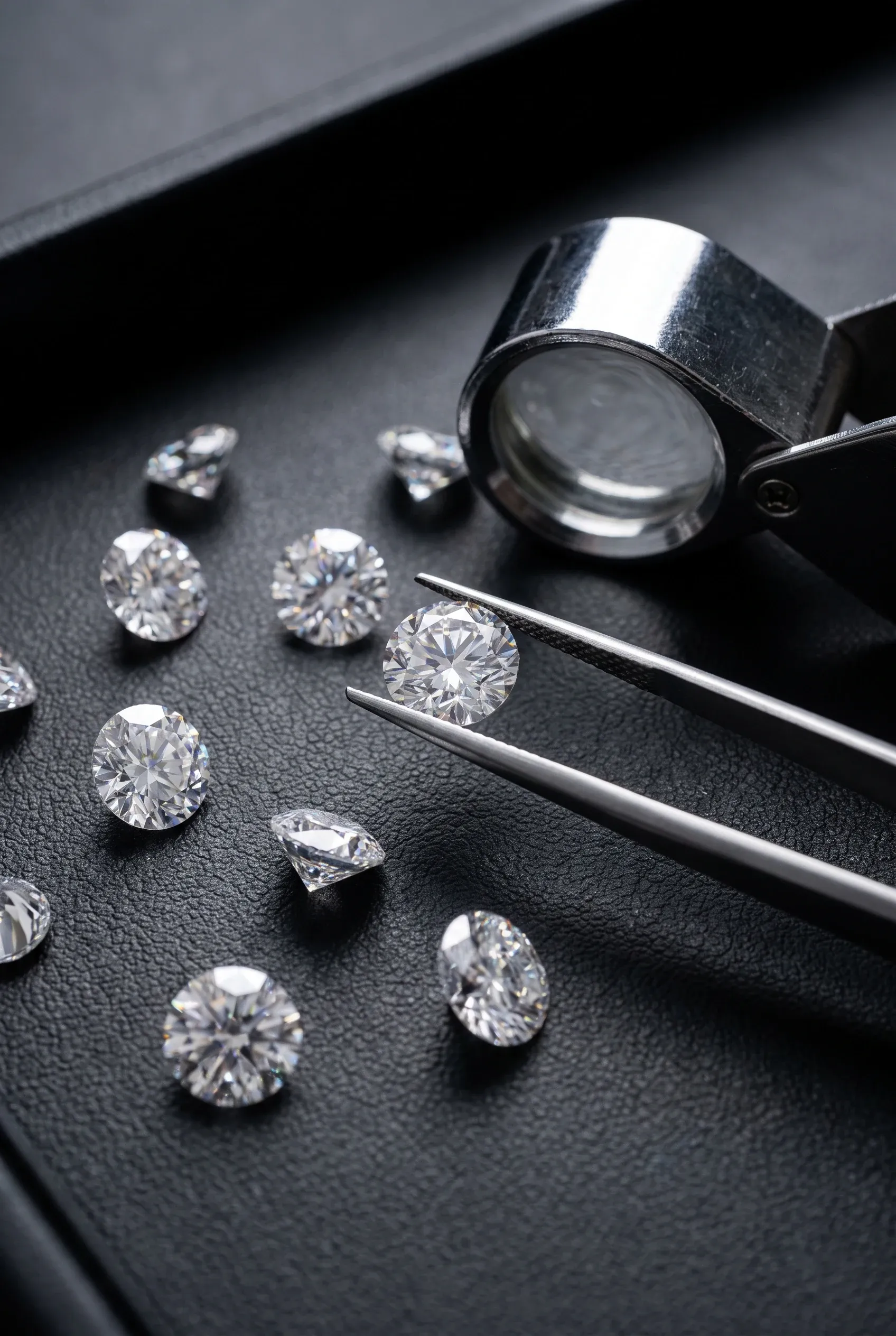 Macro of loose colorless stones, tweezers, and a loupe on a dark tray.