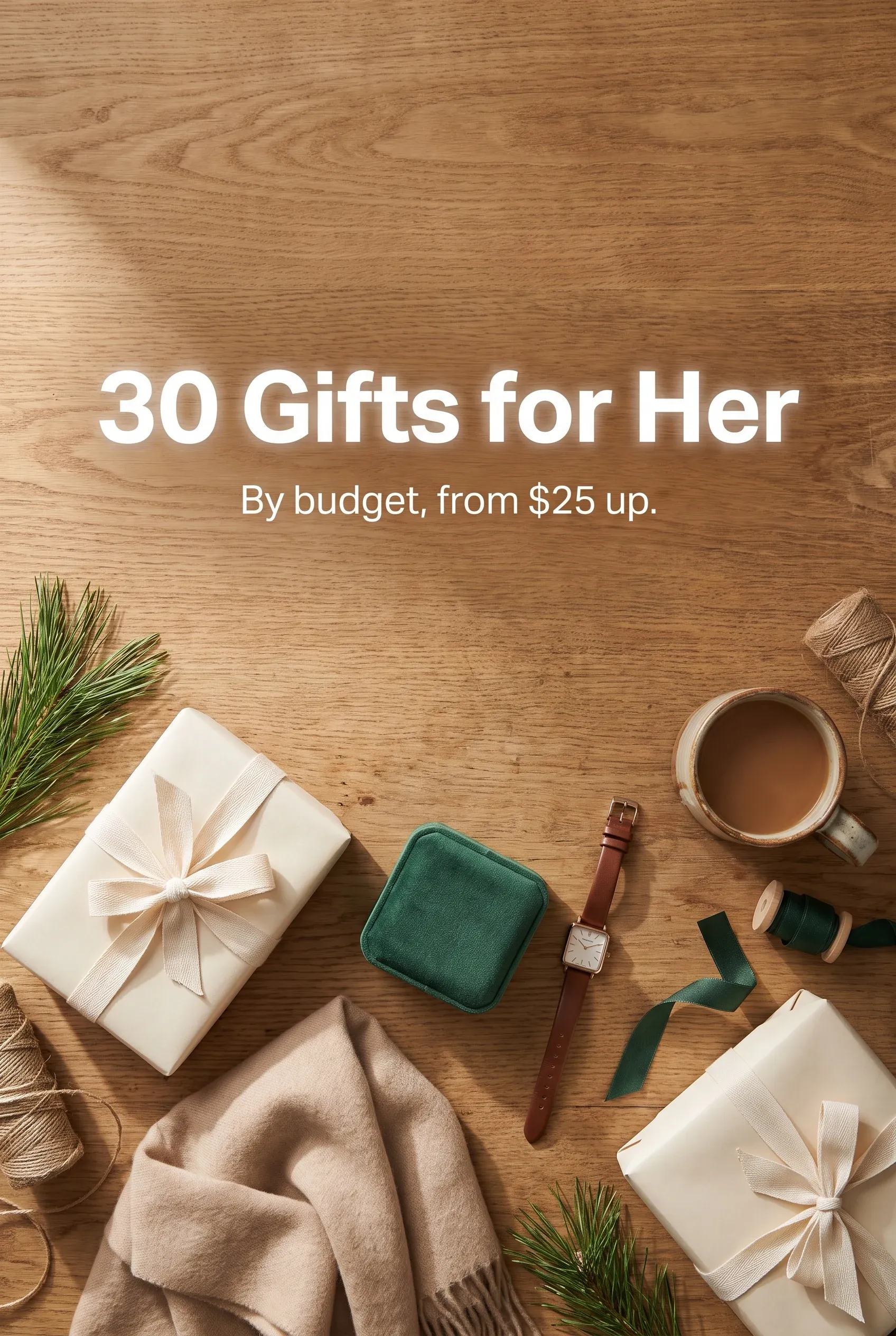 Holiday gift table with wrapped boxes, scarf, watch, and the headline 30 Gifts for Her above.