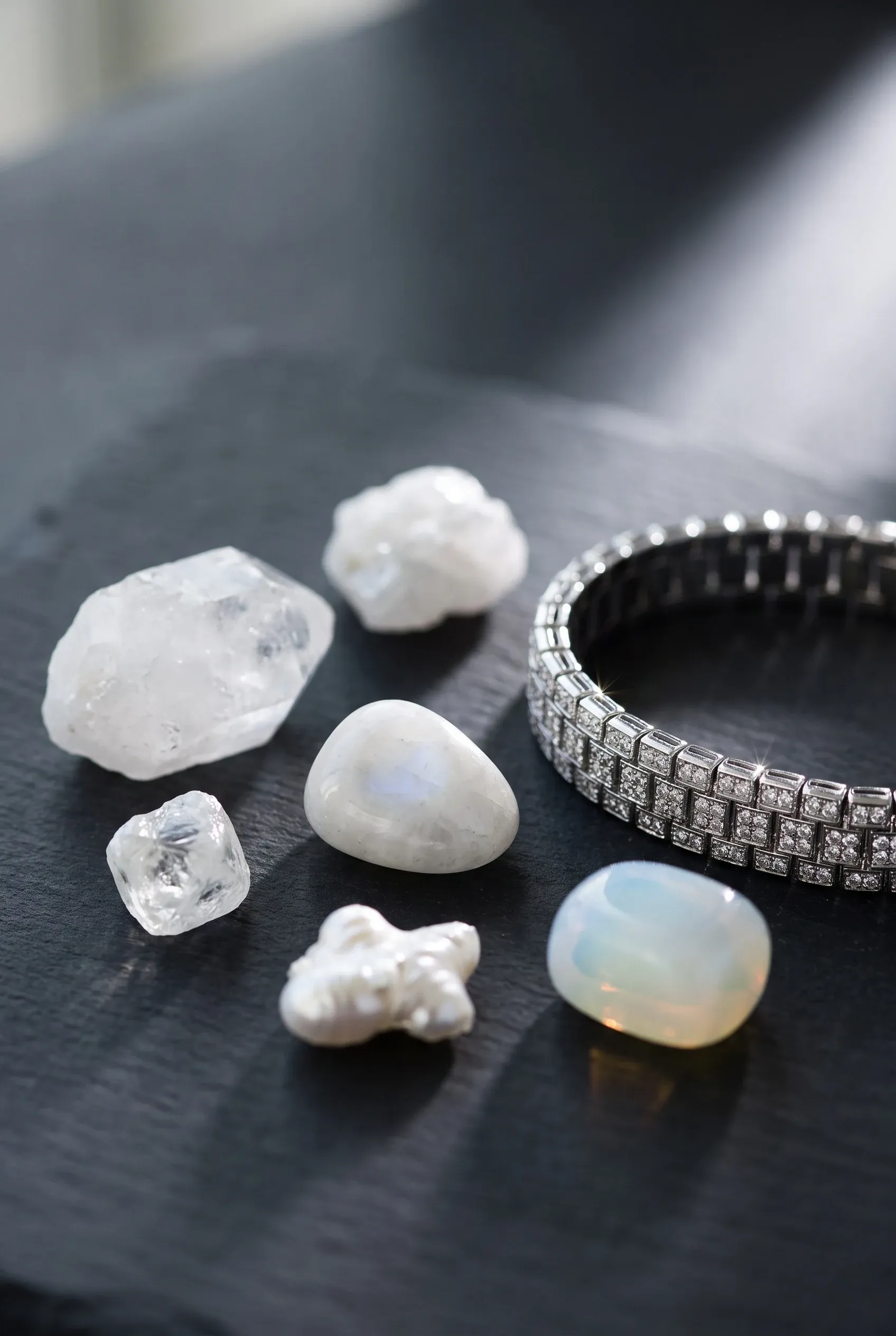 Loose white stones beside an iced watch bracelet under mixed light showing different sparkle styles