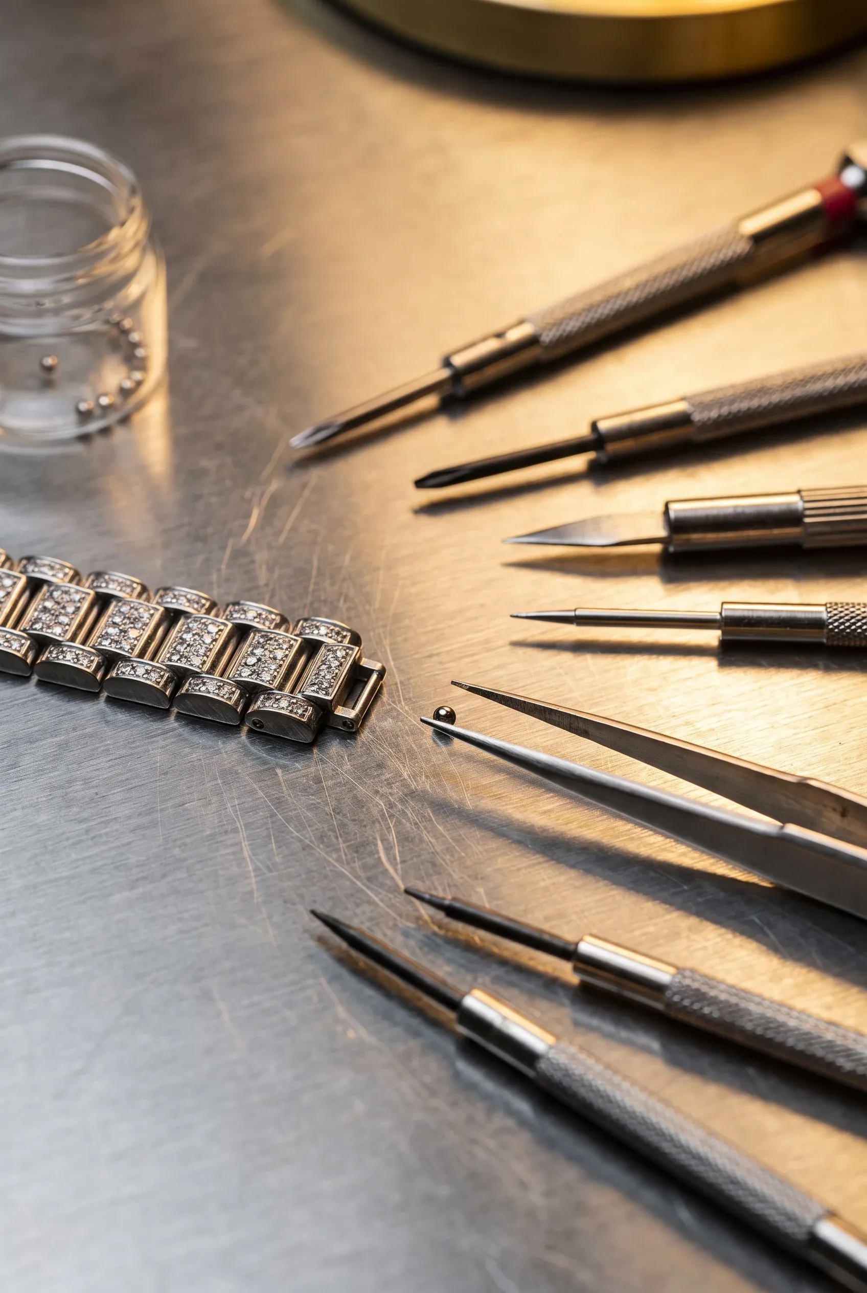 Watch setting tools beside a stone-set bracelet link showing prongs and precise metalwork