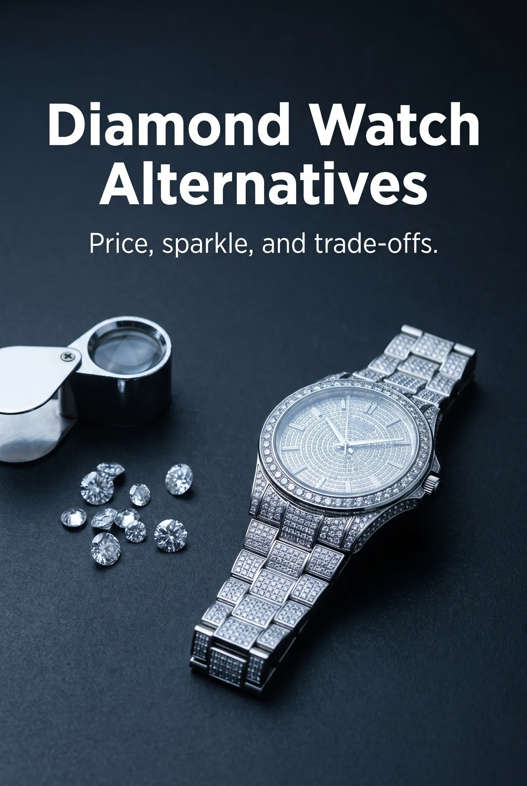 Editorial hero with Diamond Watch Alternatives headline above an iced watch, loose stones, and jeweler's loupe