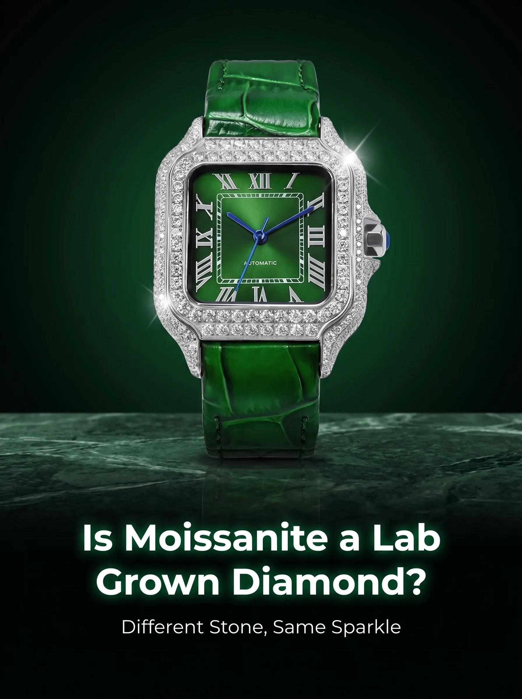 Stone-set watch with a green dial standing on green marble, its pavé case catching sharp white sparkles