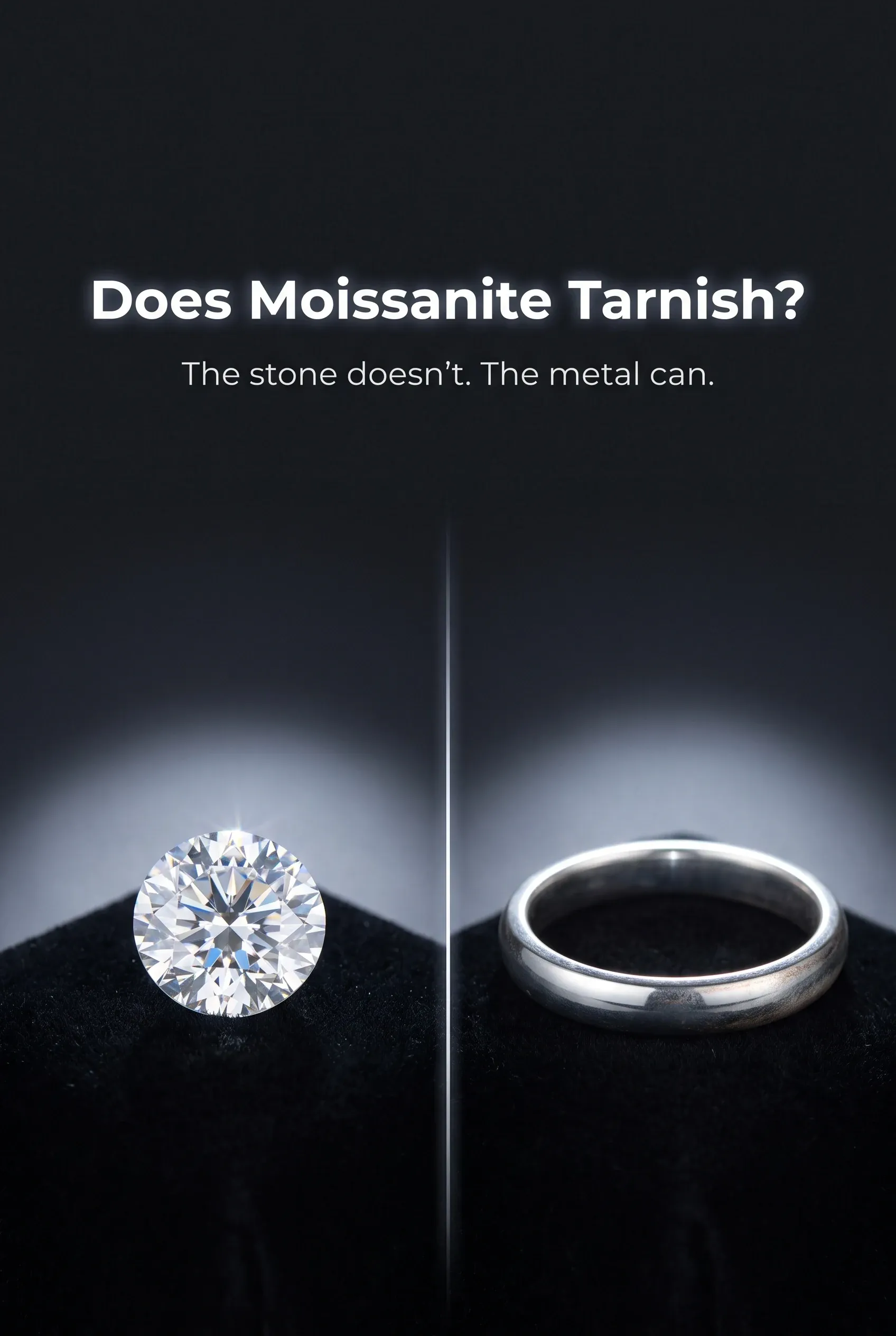 Loose round brilliant stone and a plain silver band with faint tarnish side by side on black velvet under spotlights