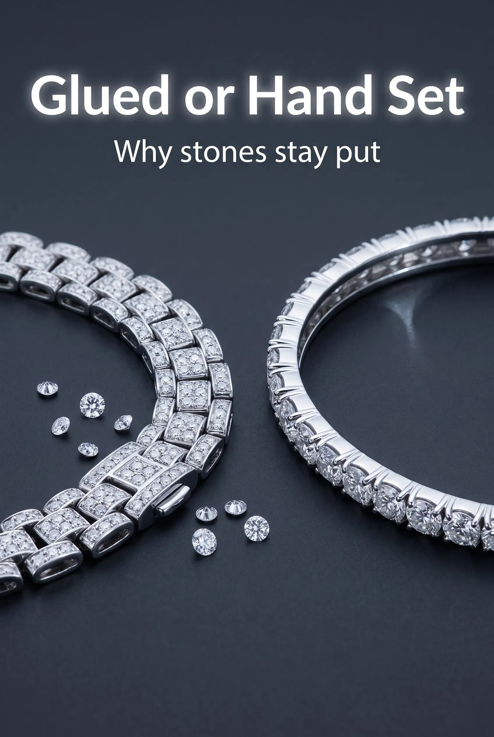 Hero of iced watches with loose stones and the headline Glued or Hand Set above them.