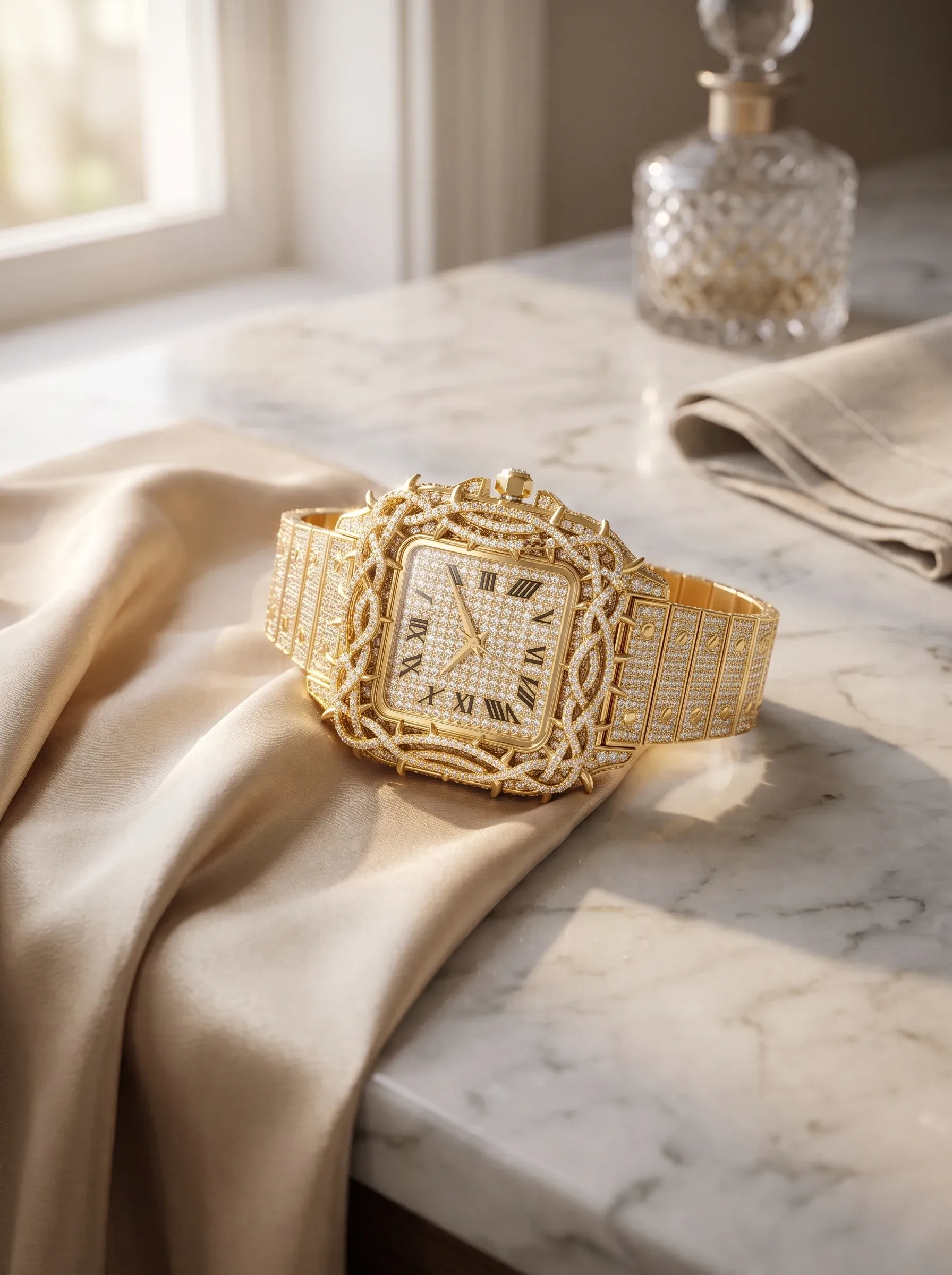 Gold pavé-set watch with a thorn-styled bezel lying on a marble counter in soft window light