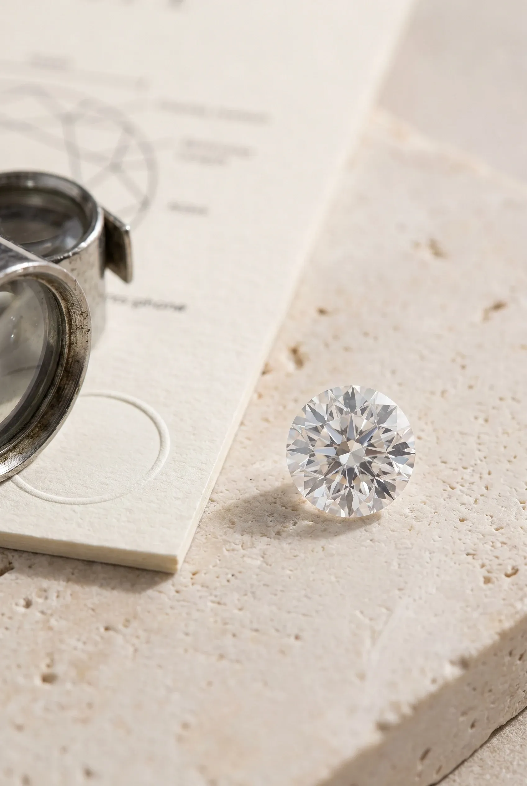 Loose moissanite, loupe, and plain certificate card arranged on a pale surface with soft side lighting.