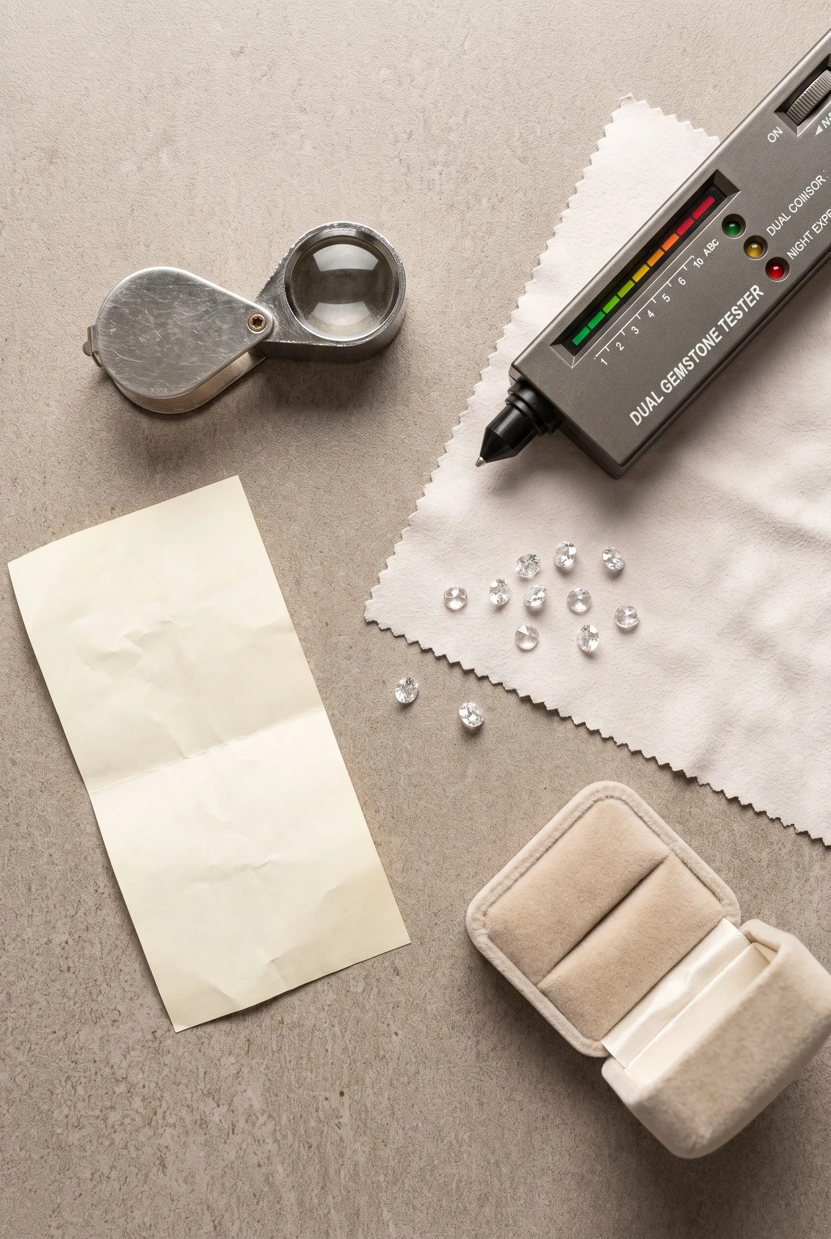 Jeweler’s loupe, gemstone tester, loose stones, and blank receipt arranged in a careful flat lay.