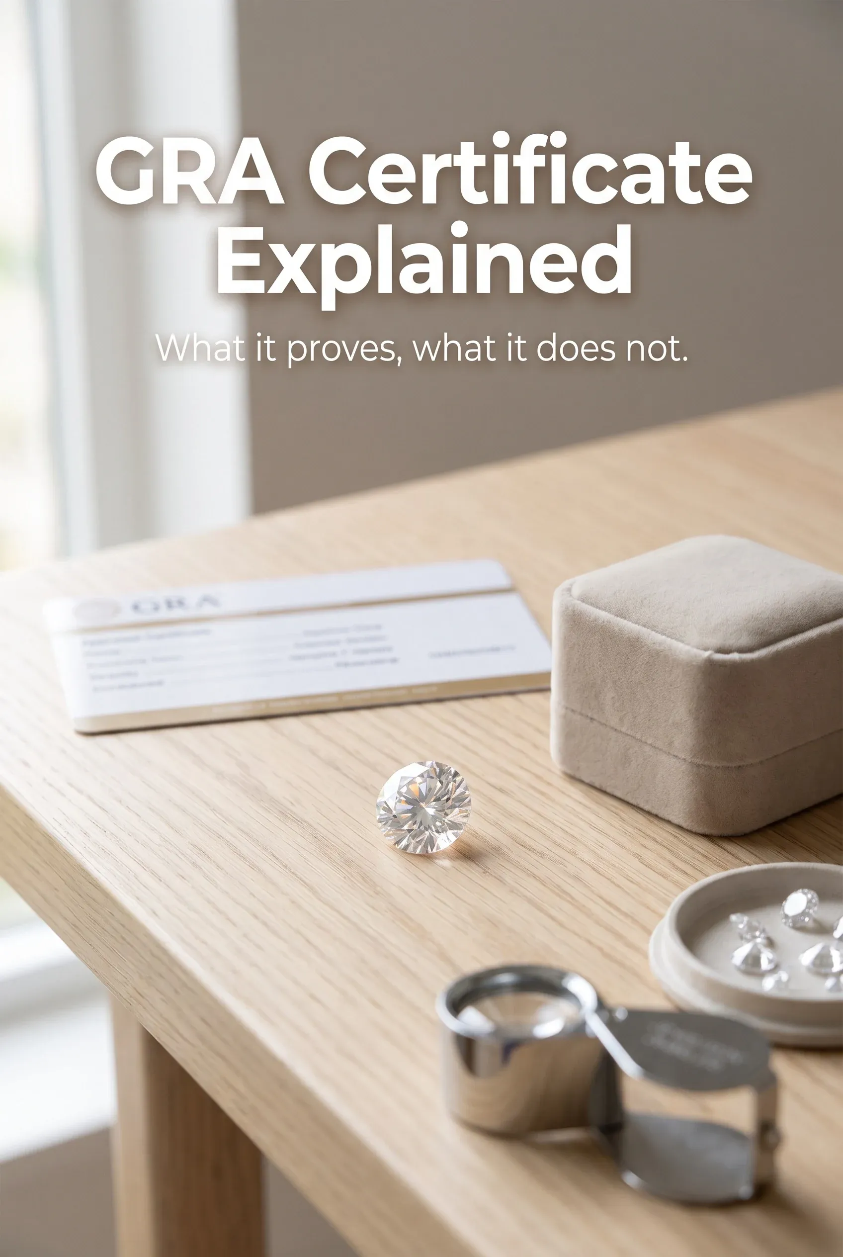 Editorial hero showing GRA Certificate Explained above loose moissanite, loupe, and unbranded paperwork on a clean desk.