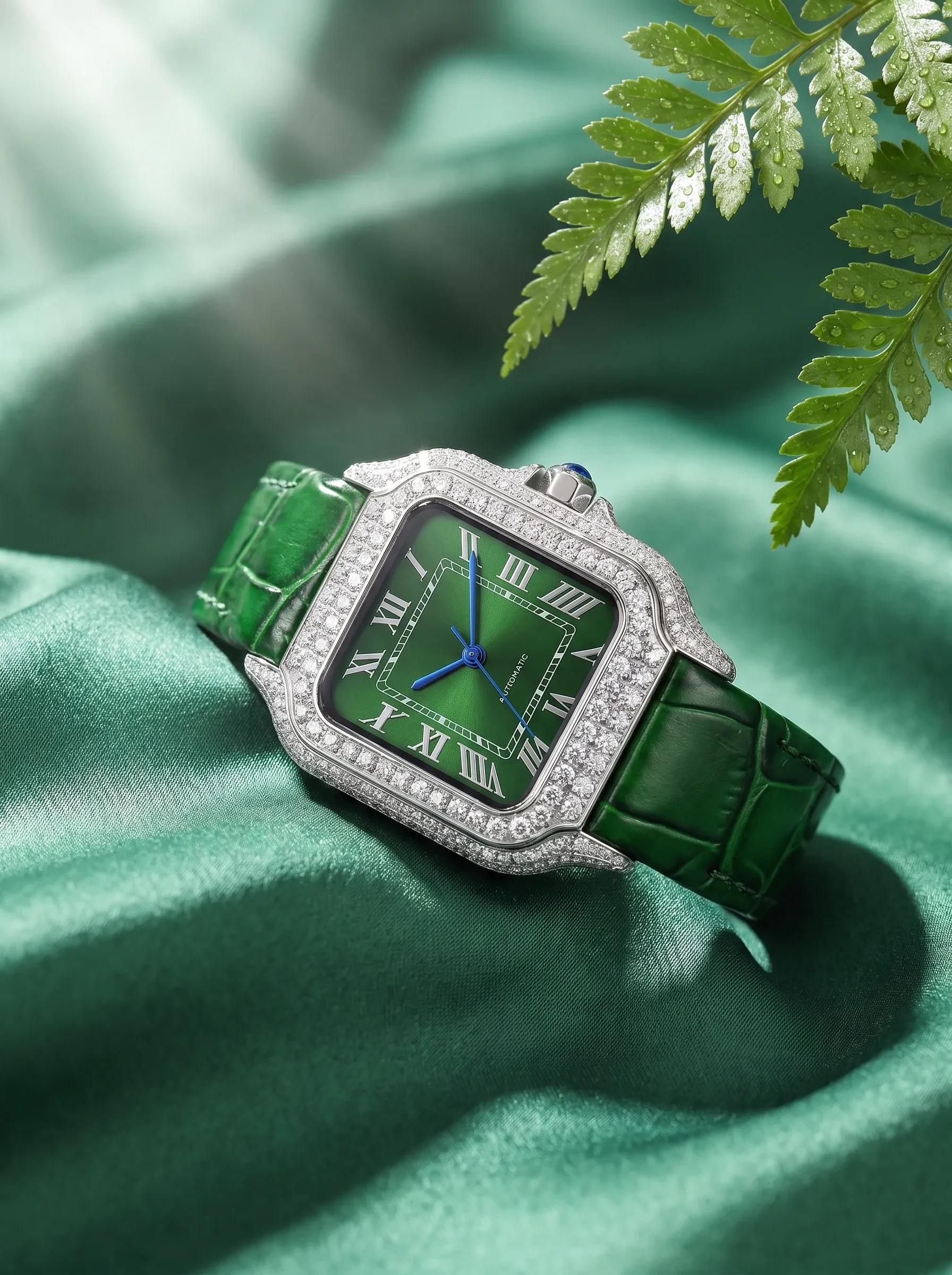 Green dial watch with a stone-set case and green leather strap resting on emerald satin beside a fern leaf