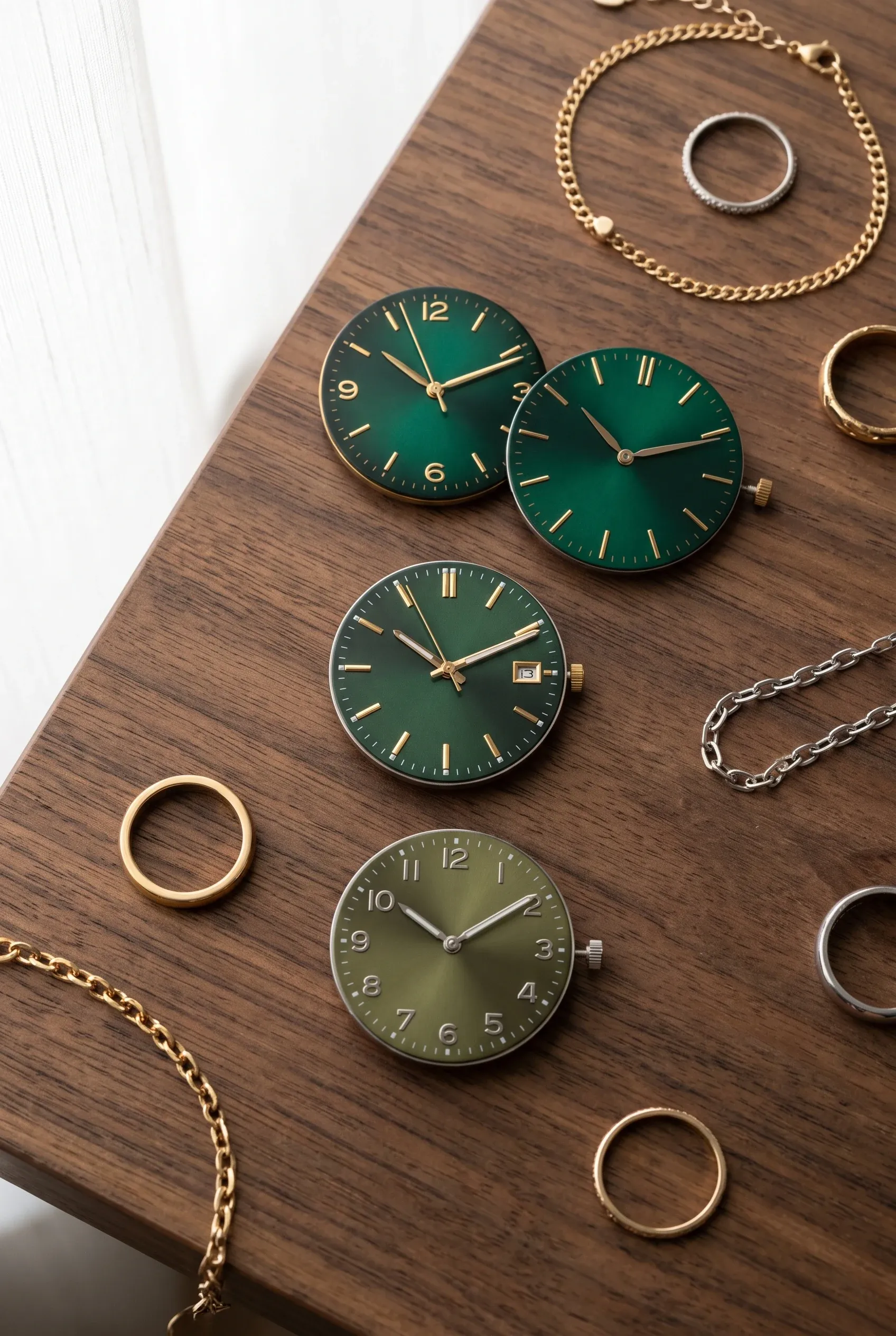 Three green watch dials in emerald and olive tones beside gold and steel jewelry accents.