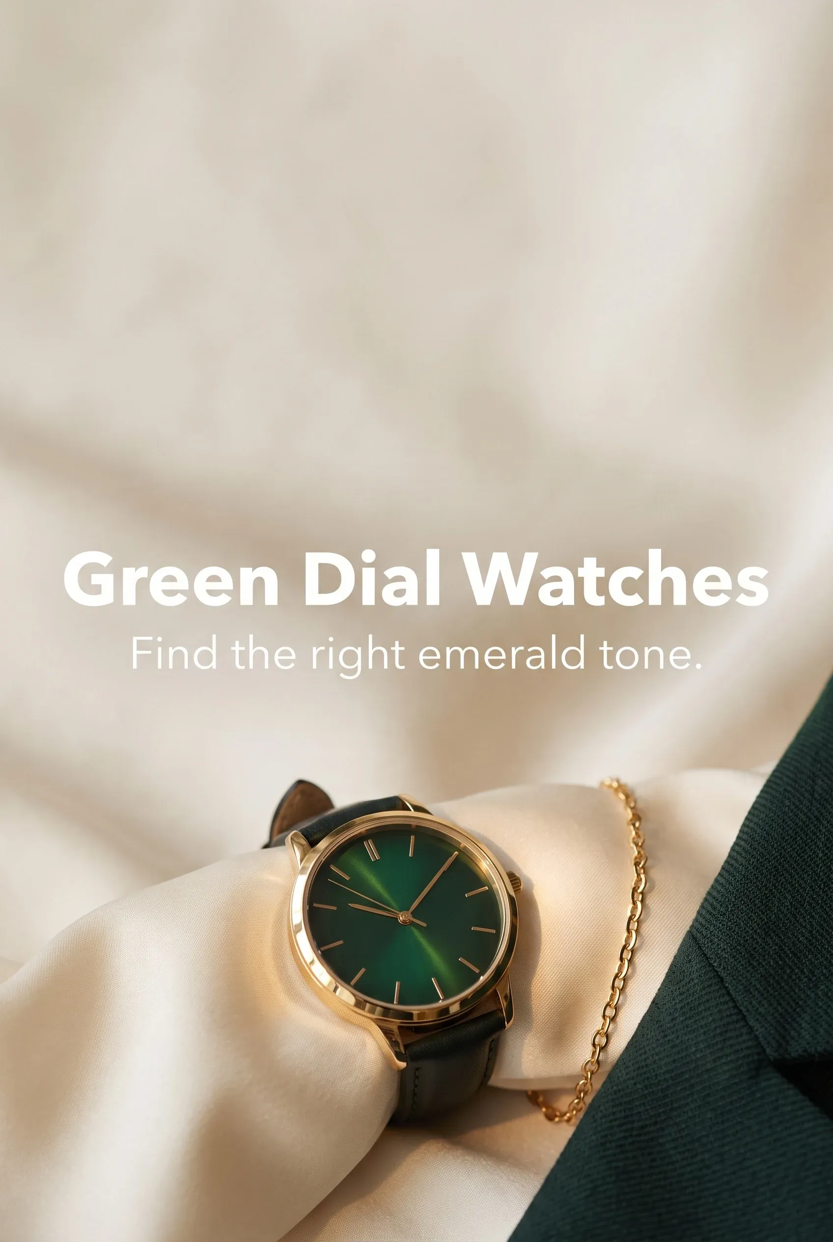 Vertical hero of a women’s emerald watch on silk with headline Green Dial Watches and a fit-focused subline.