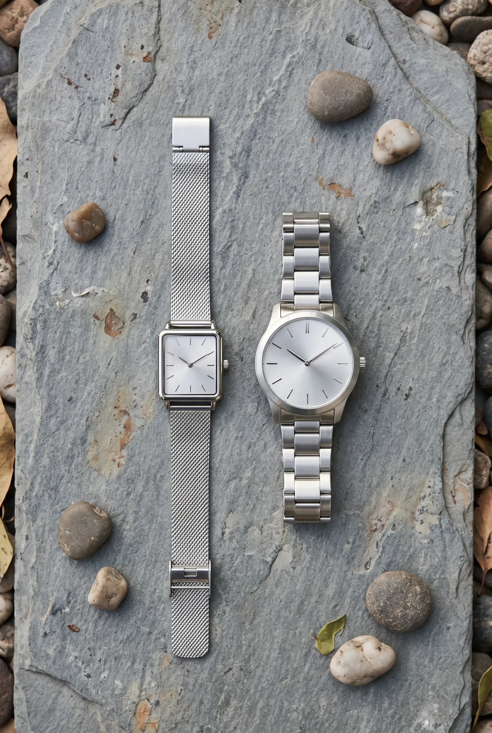 Small square watch beside larger round silver watch on stone, showing coordinated shapes without identical design.