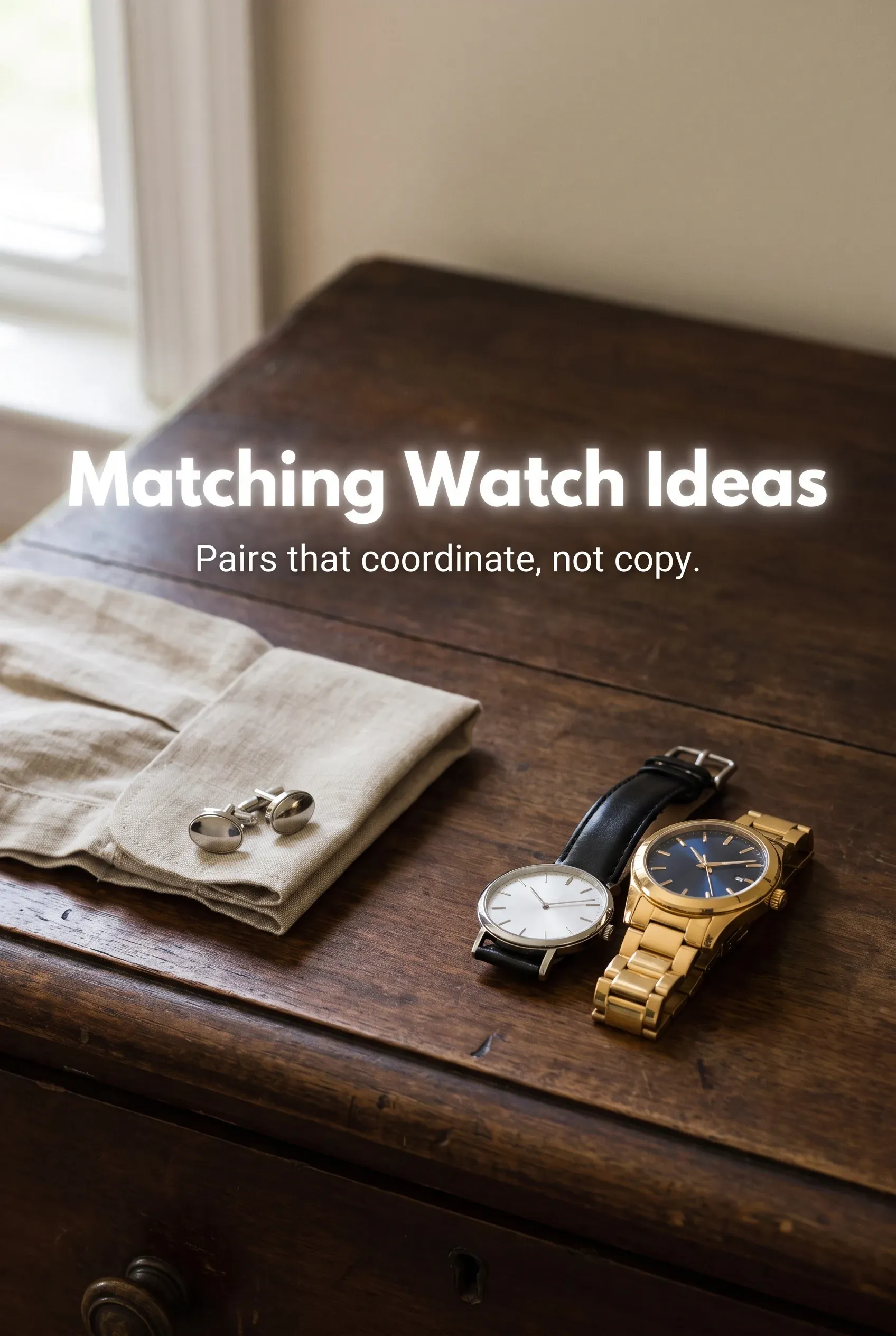 Editorial couple watch flat lay with the headline Matching Watch Ideas above two coordinated non-identical watches.
