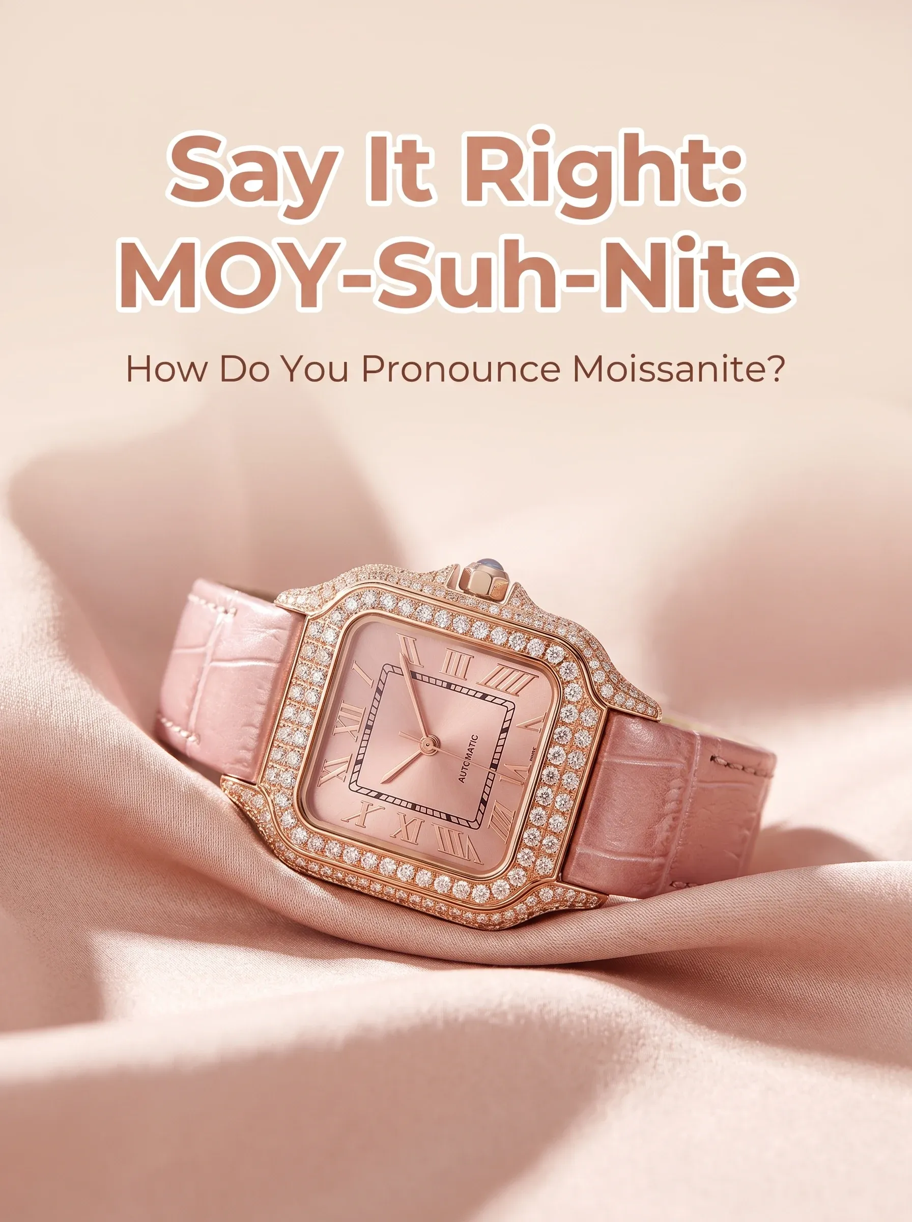 Rose gold watch with a stone-set bezel and pink strap nestled in blush satin folds
