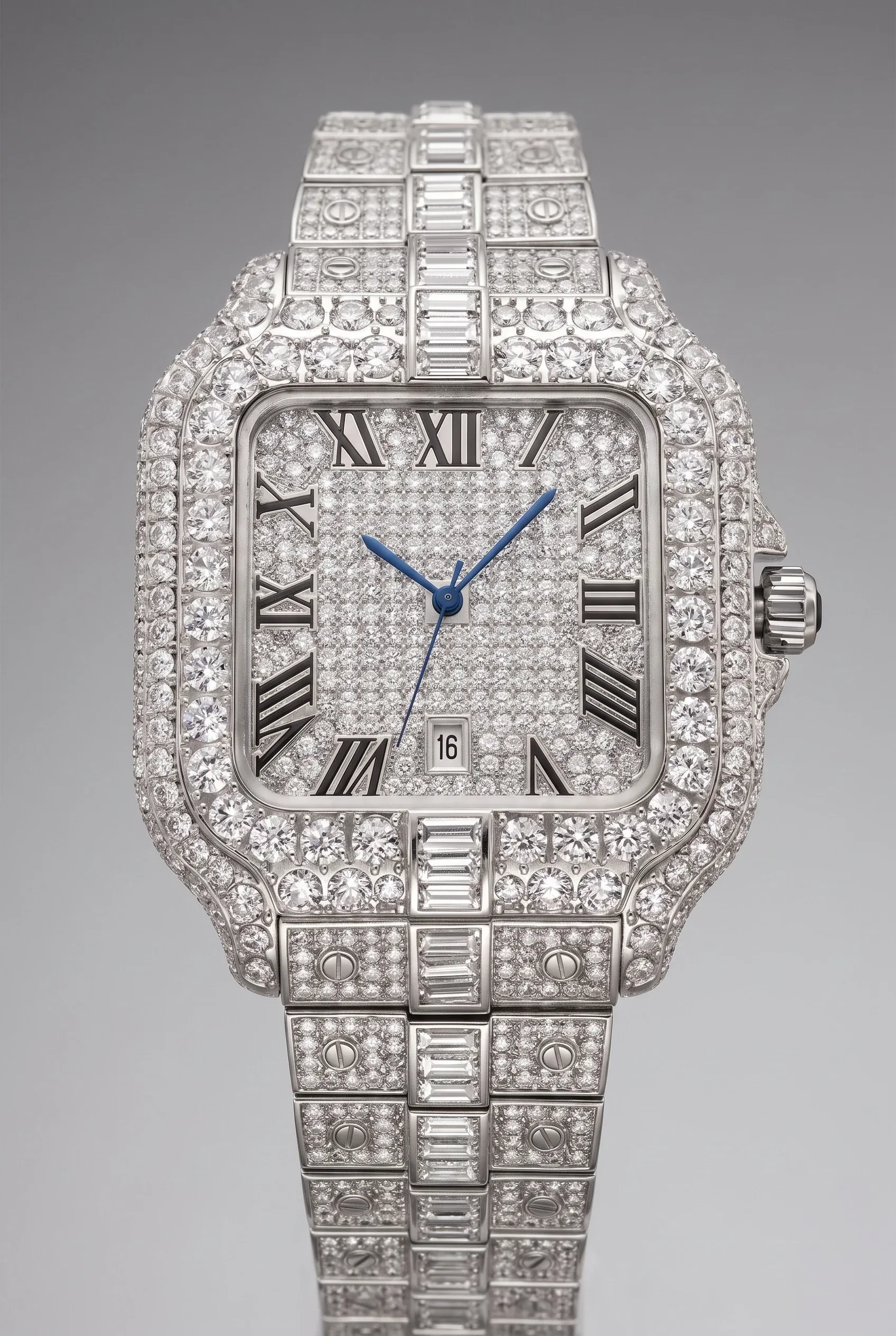 Close-up of a fully stone-set bracelet watch showing tight hand-set rows on bezel and links.
