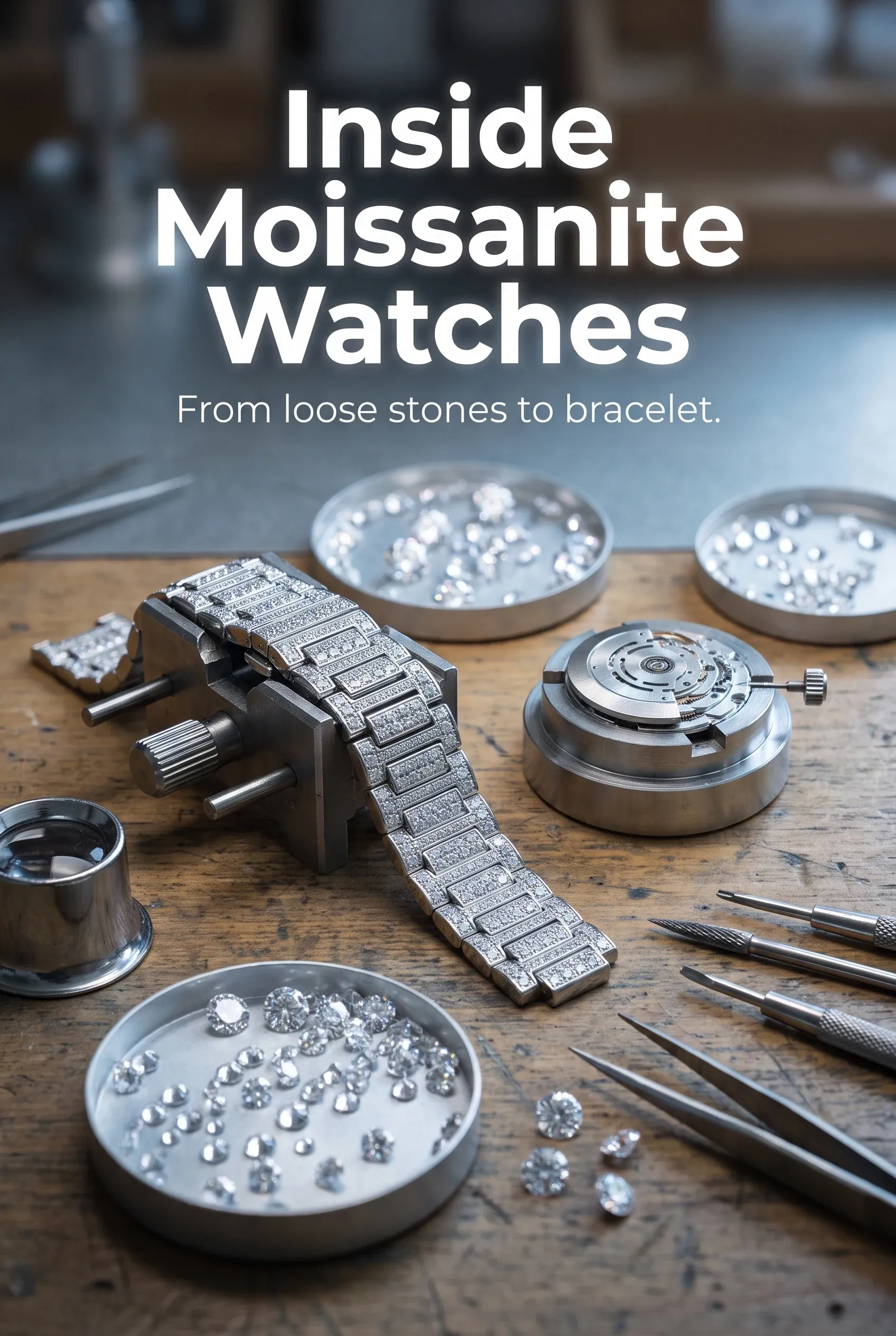 Vertical workshop hero with Inside Moissanite Watches over a stone-set watch, loose gems and jeweler's tools.