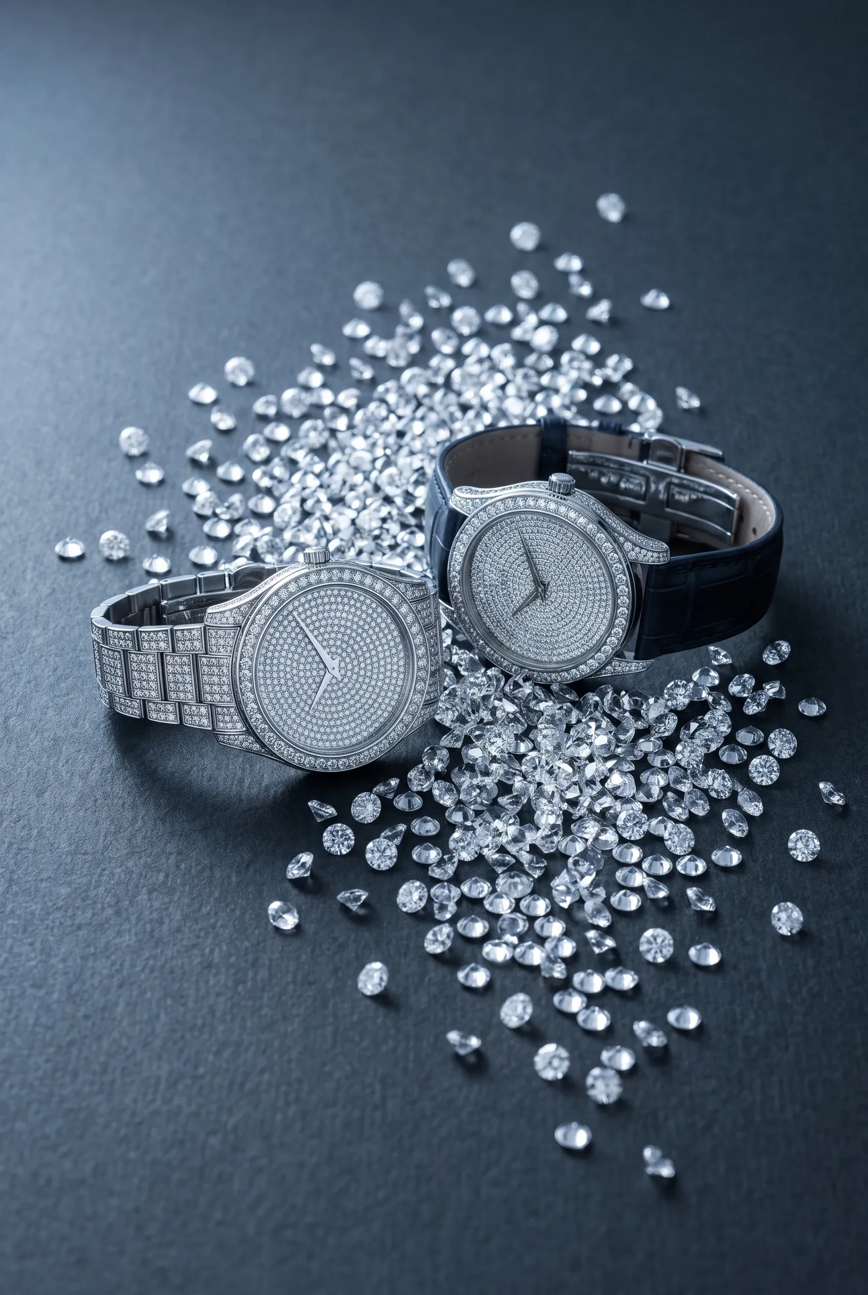 Two iced watches with different stone densities on a charcoal surface under cool directional light.