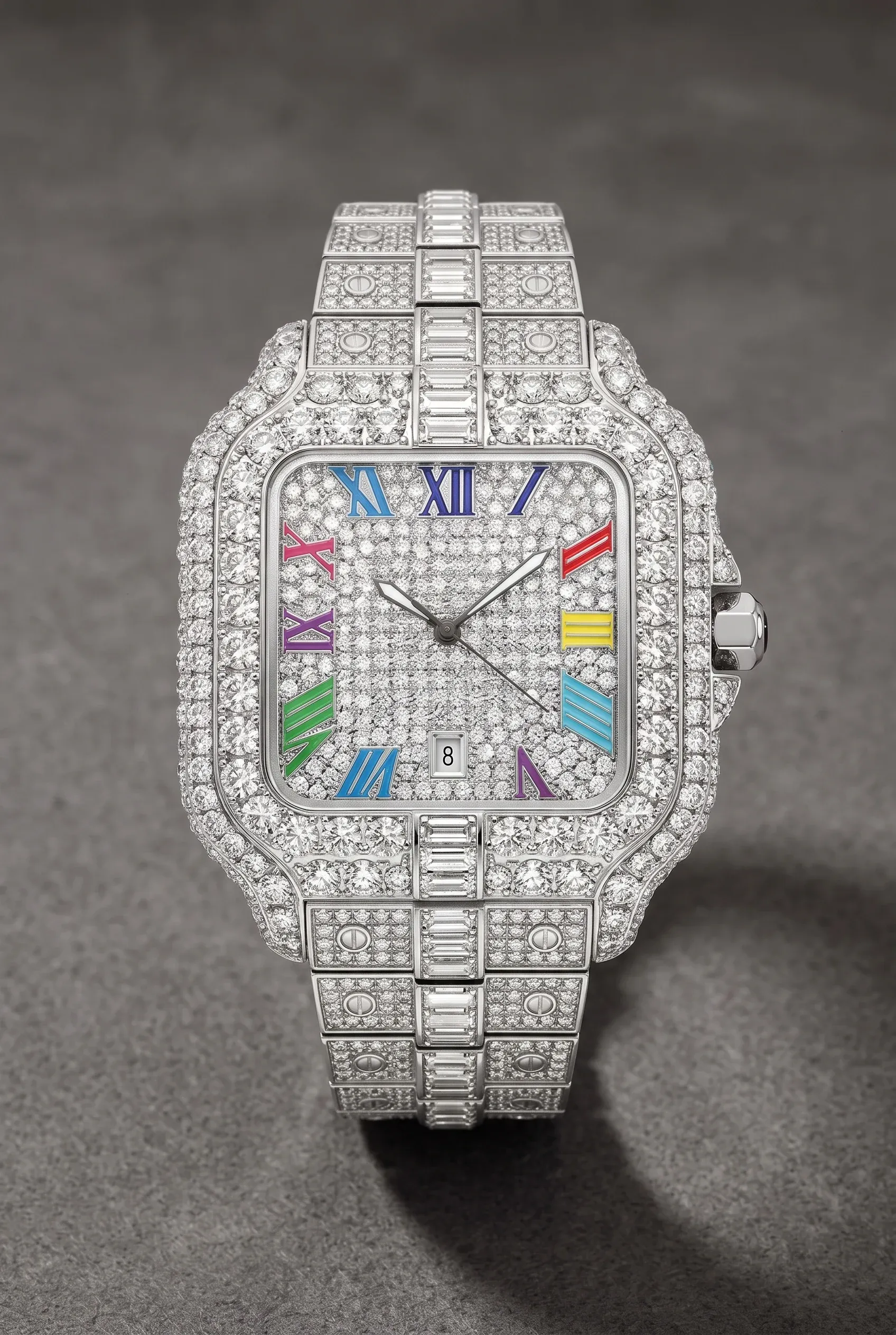 Close-up of a stone-set watch bracelet and bezel with even pave alignment and sharp reflections.