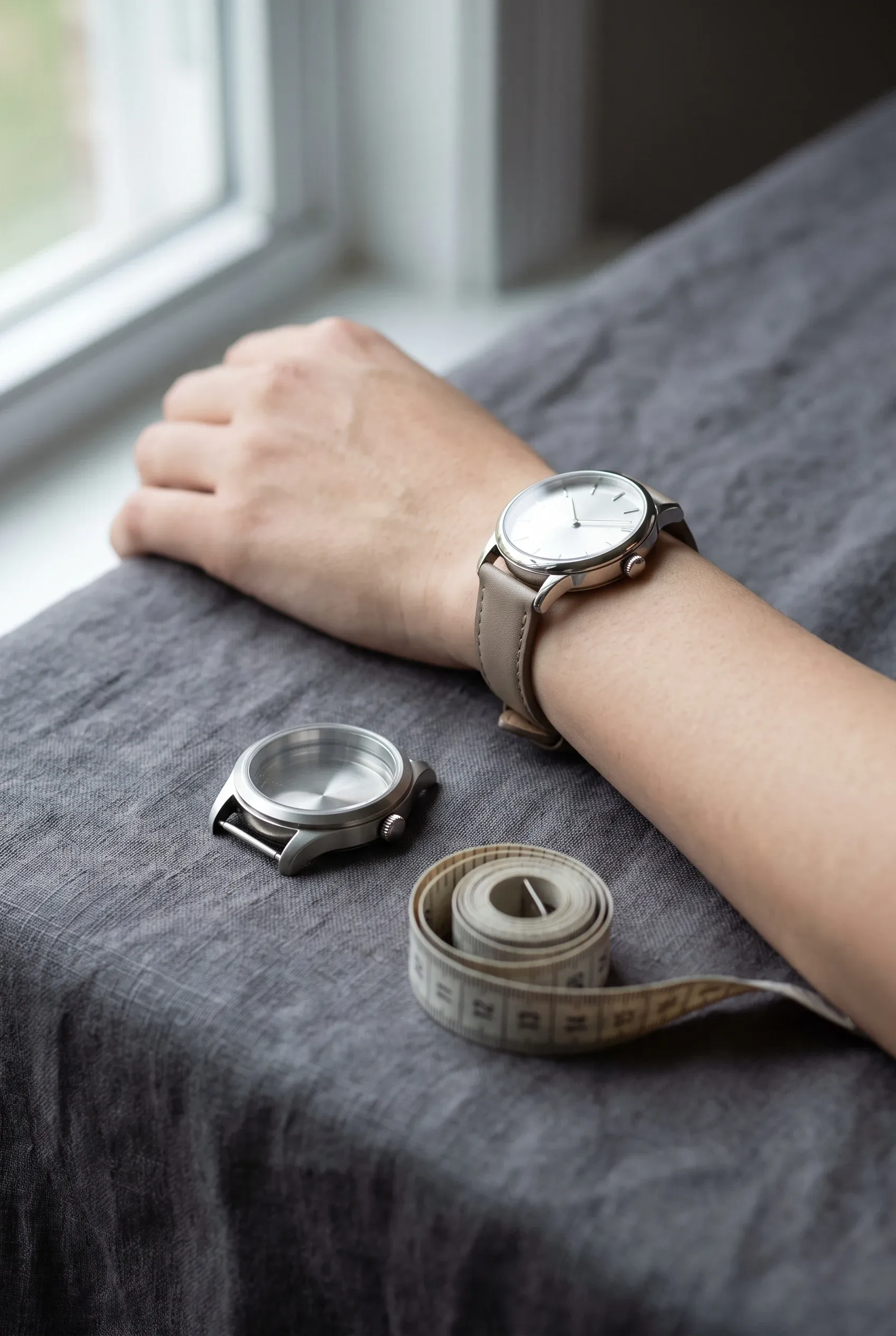 Two watch sizes beside a measuring tape on gray fabric in soft natural light.