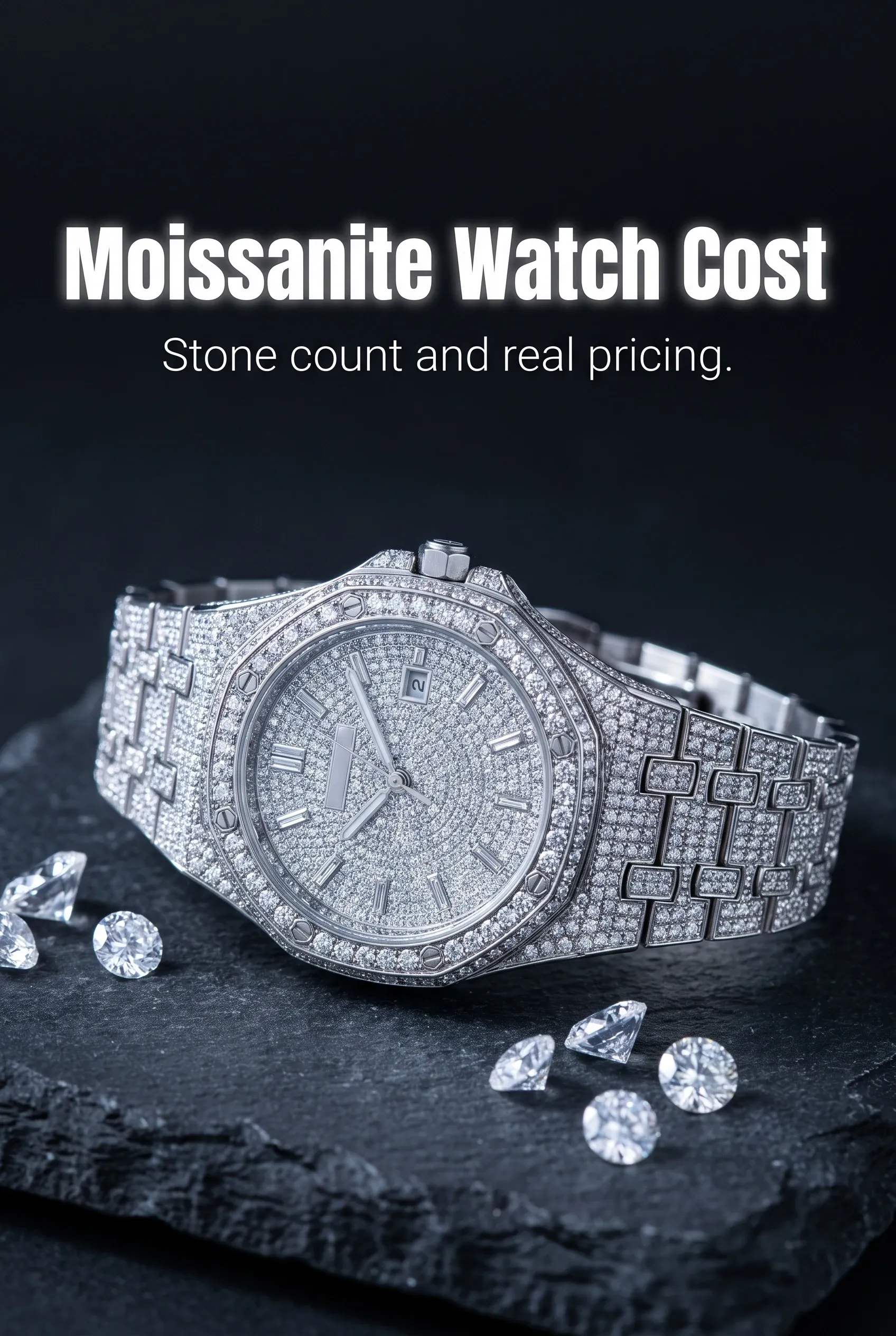 Vertical hero of a fully iced watch on dark stone with the headline Moissanite Watch Cost above it.