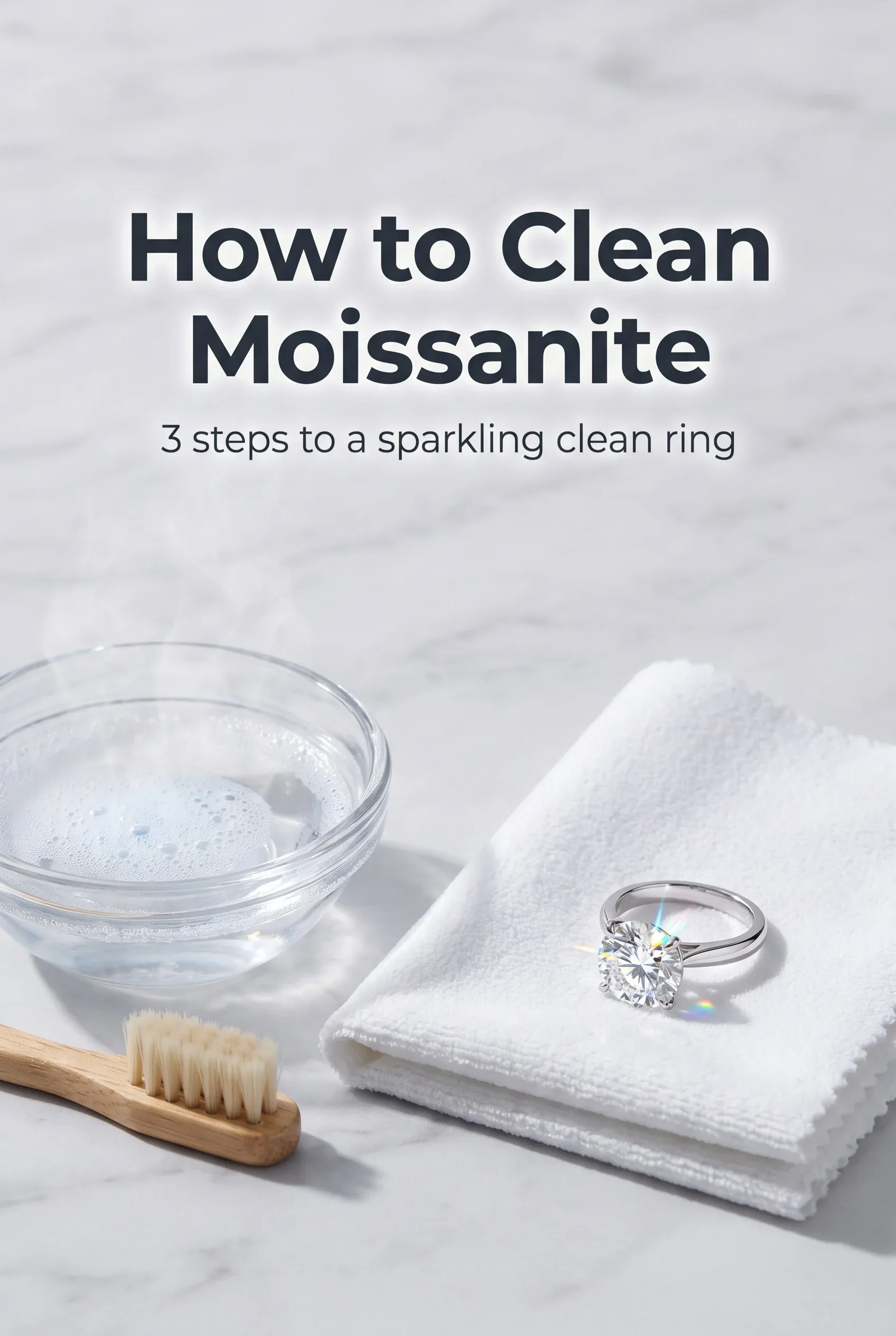 Solitaire ring on a folded microfiber cloth beside a bowl of warm soapy water and a soft brush on white marble