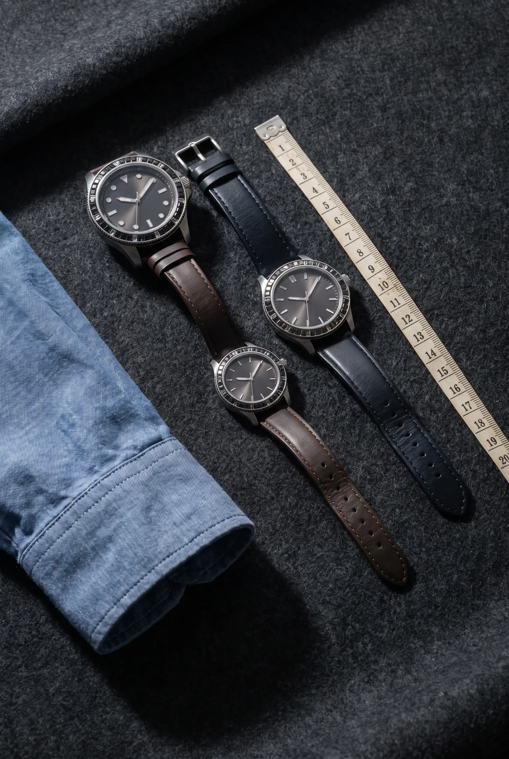 Three different men’s watch sizes beside a shirt cuff and measuring tape on a dark surface.
