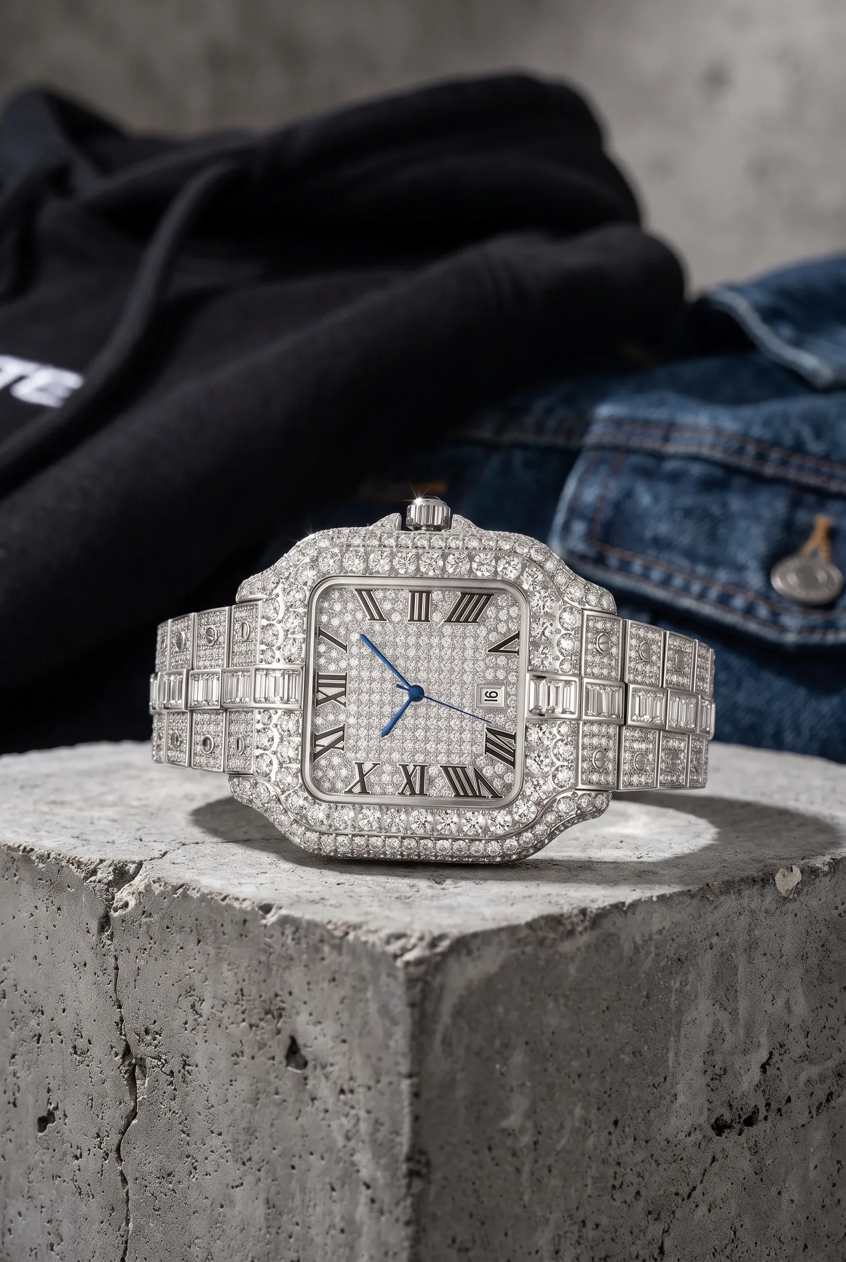 Fully iced men’s watch on concrete with a blurred hoodie and denim jacket behind it.
