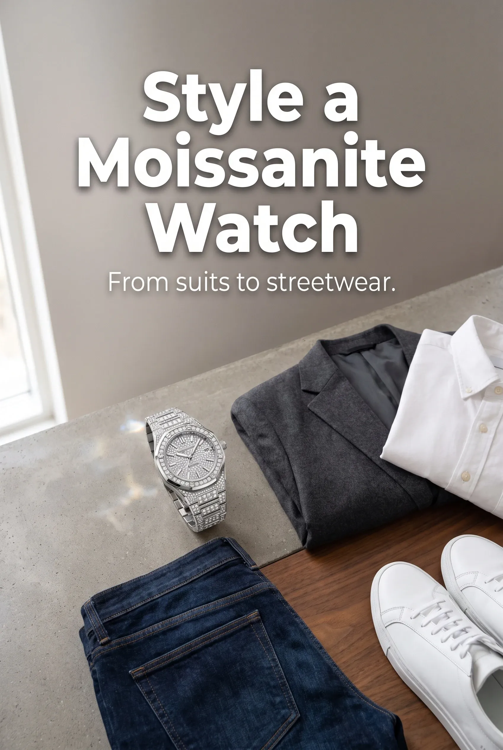 Finished hero with the headline Style a Moissanite Watch over a stone-set men’s watch and outfit flat lay.