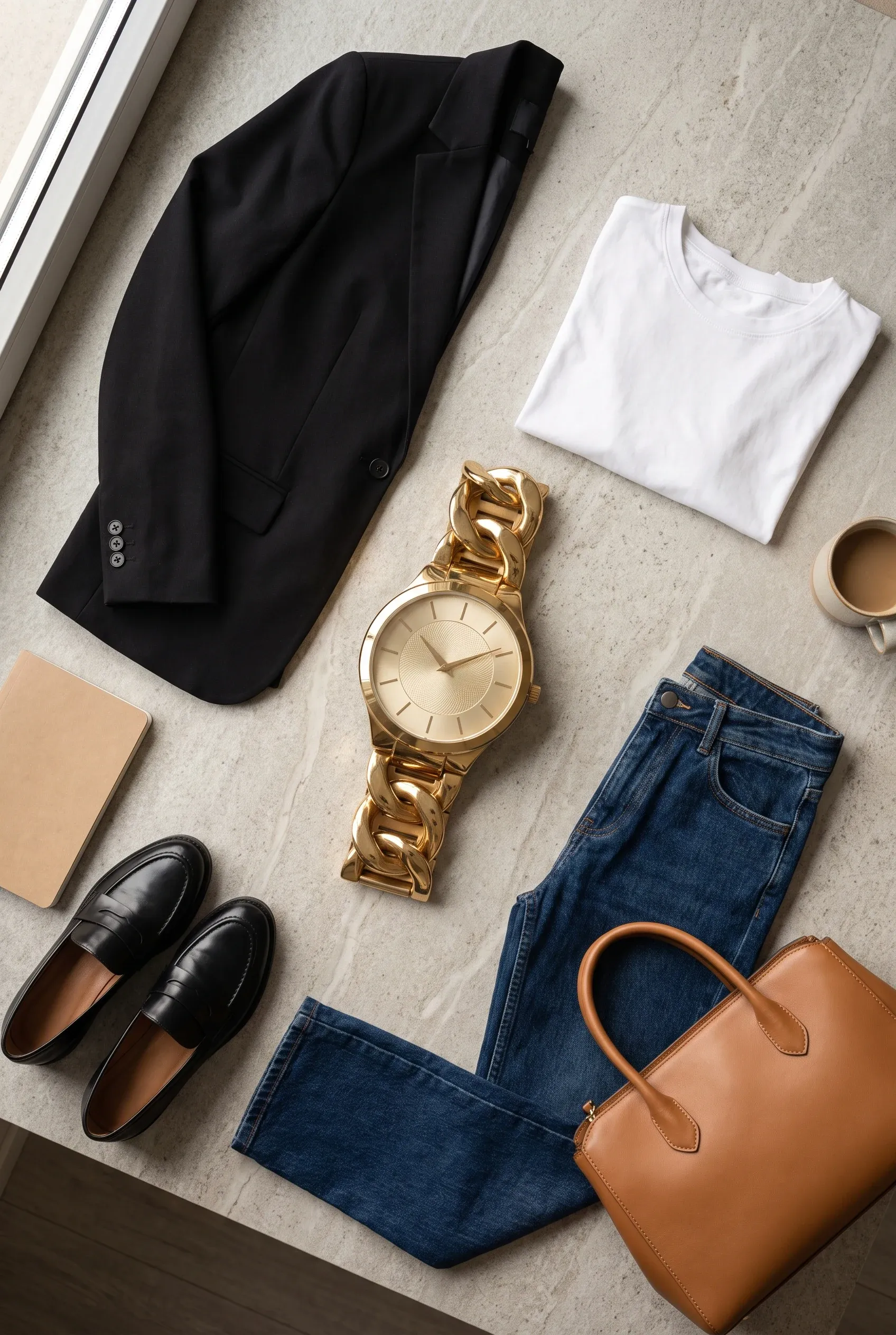 Women’s statement watch styled with blazer, tee, jeans, loafers, and a structured bag on stone.