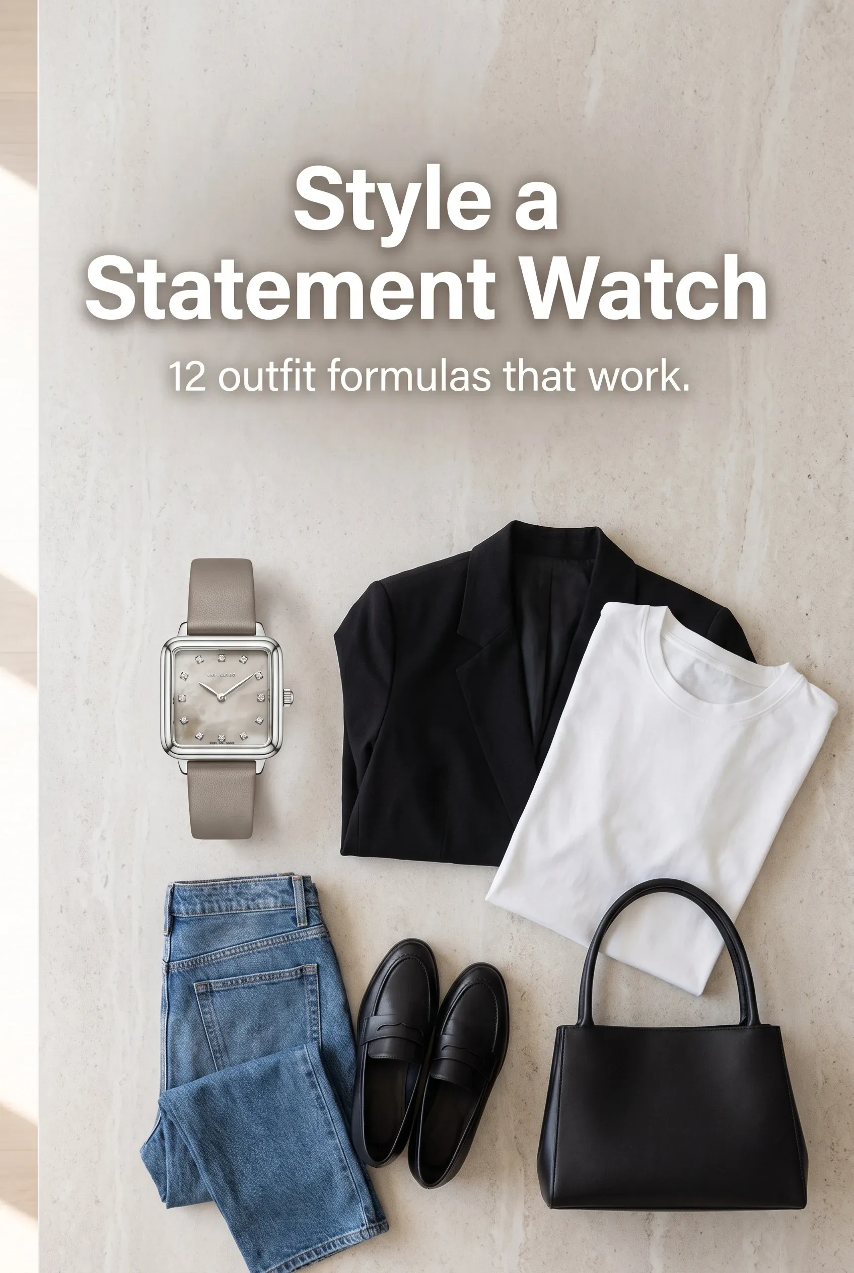 Hero with headline Style a Statement Watch above a women’s stone-set watch, blazer, jeans, and loafers.