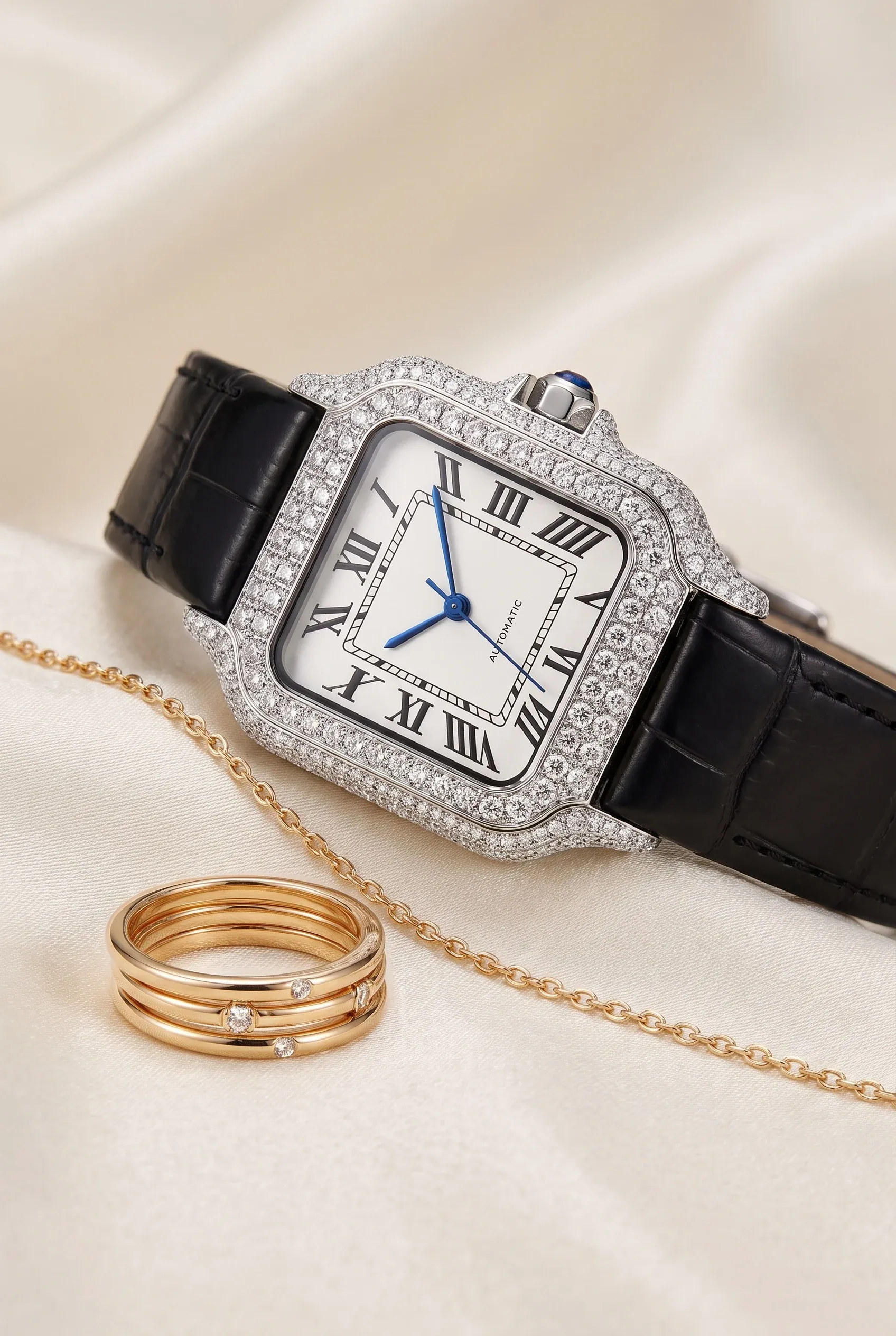 Square stone-set watch on leather strap styled with a thin bracelet and rings on one wrist.