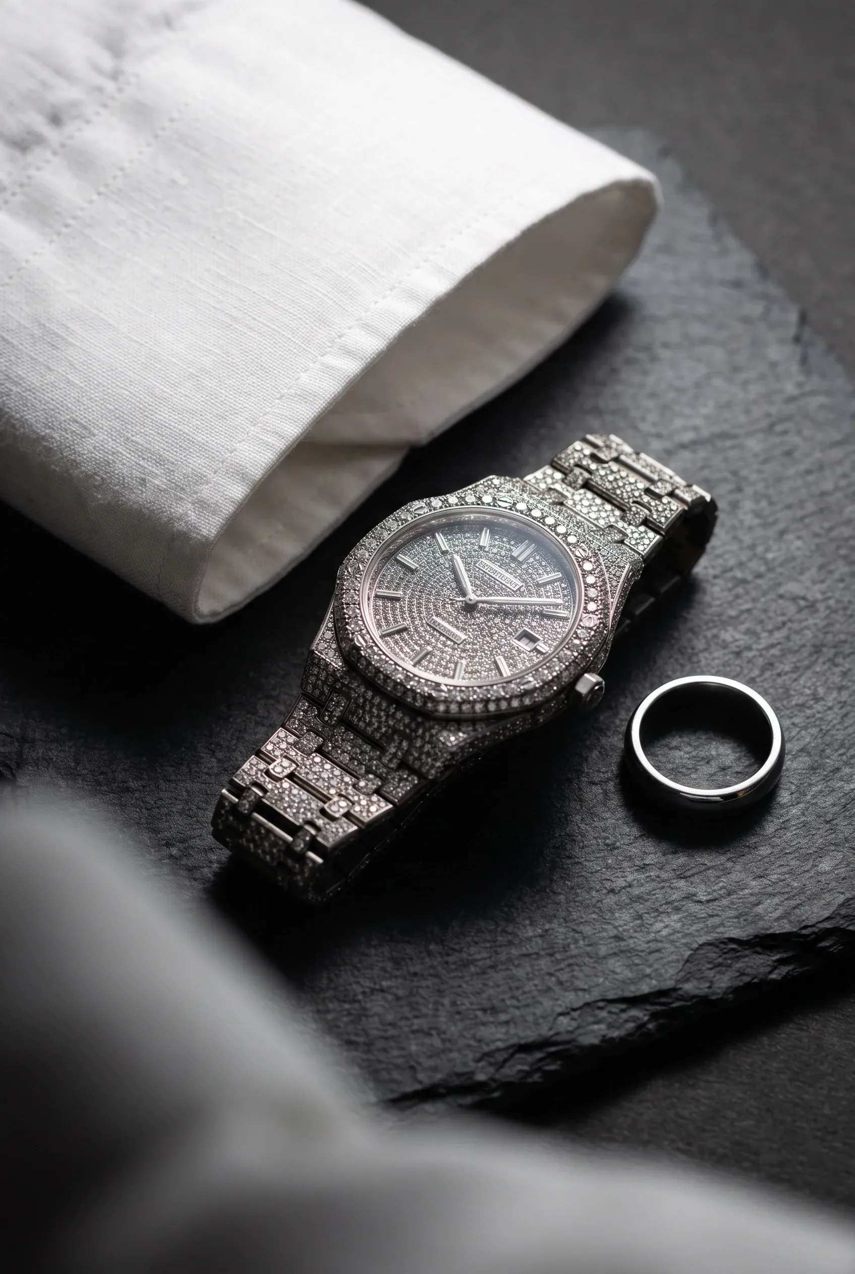 Fully stone-set watch beside a plain cuff and simple ring to show restrained styling balance.
