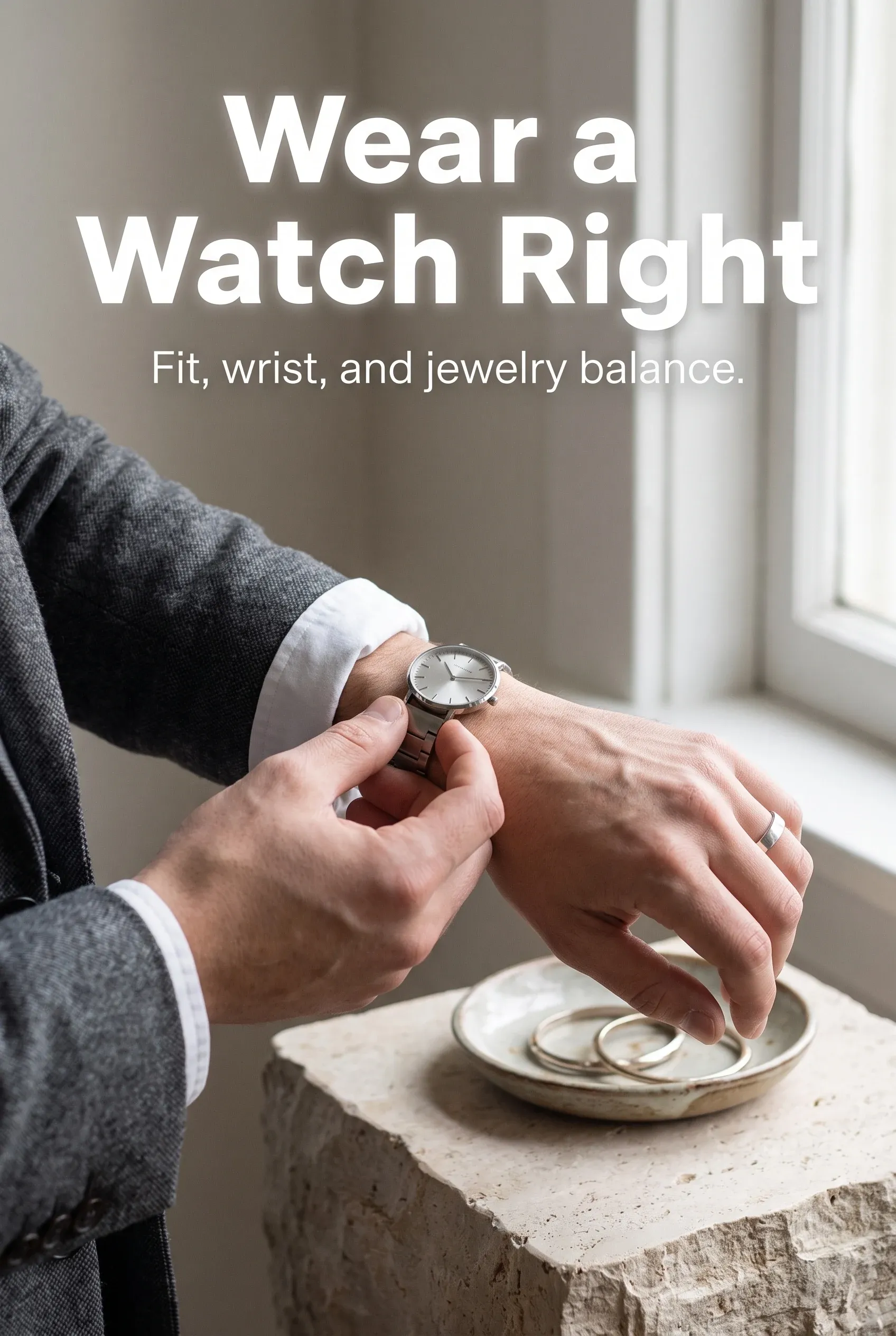 Editorial wrist shot with the headline Wear a Watch Right over a clean watch and jewelry styling scene.