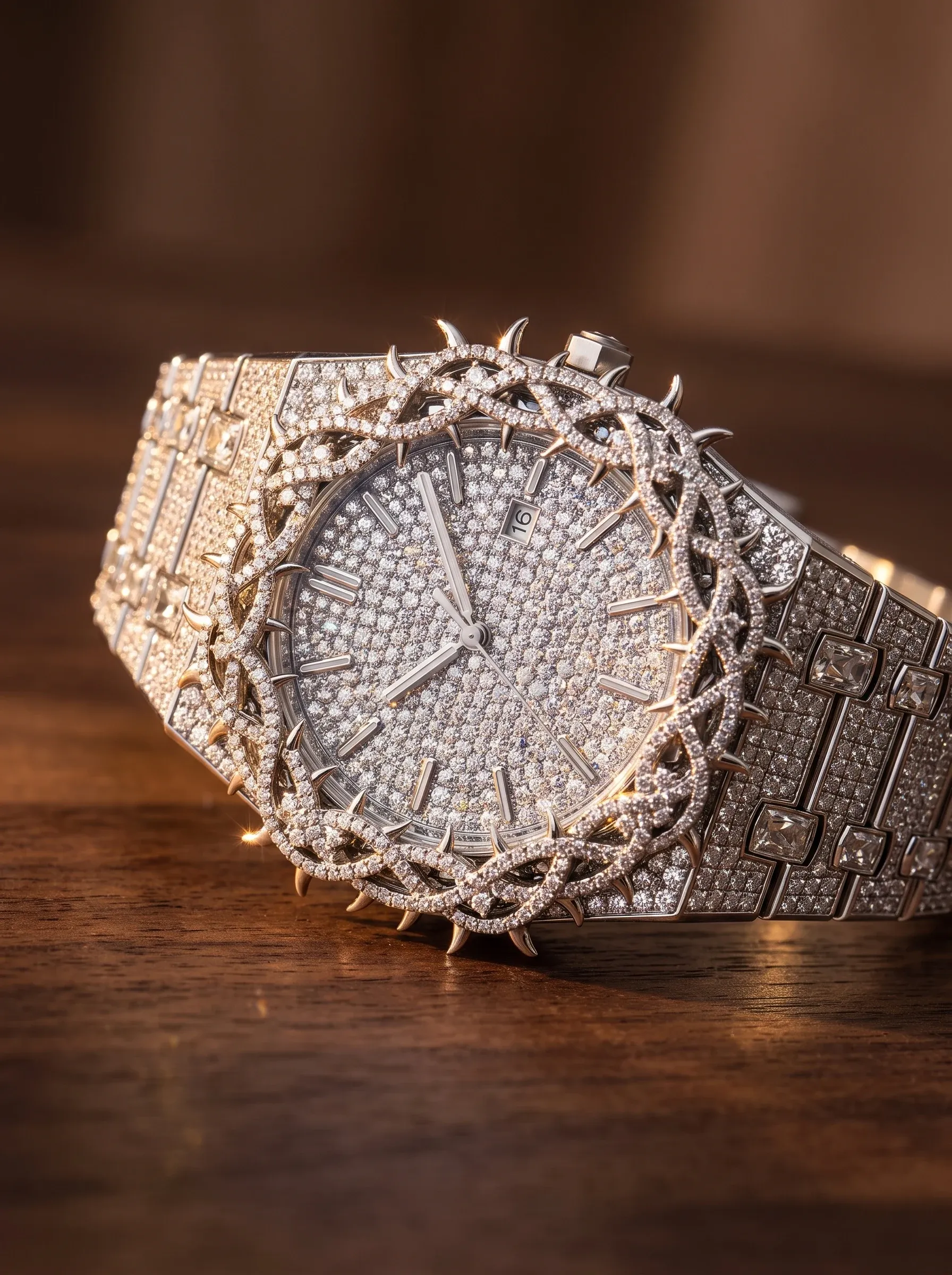 Fully iced-out watch with a thorn-styled bezel on a wooden table, its pavé stones catching warm light